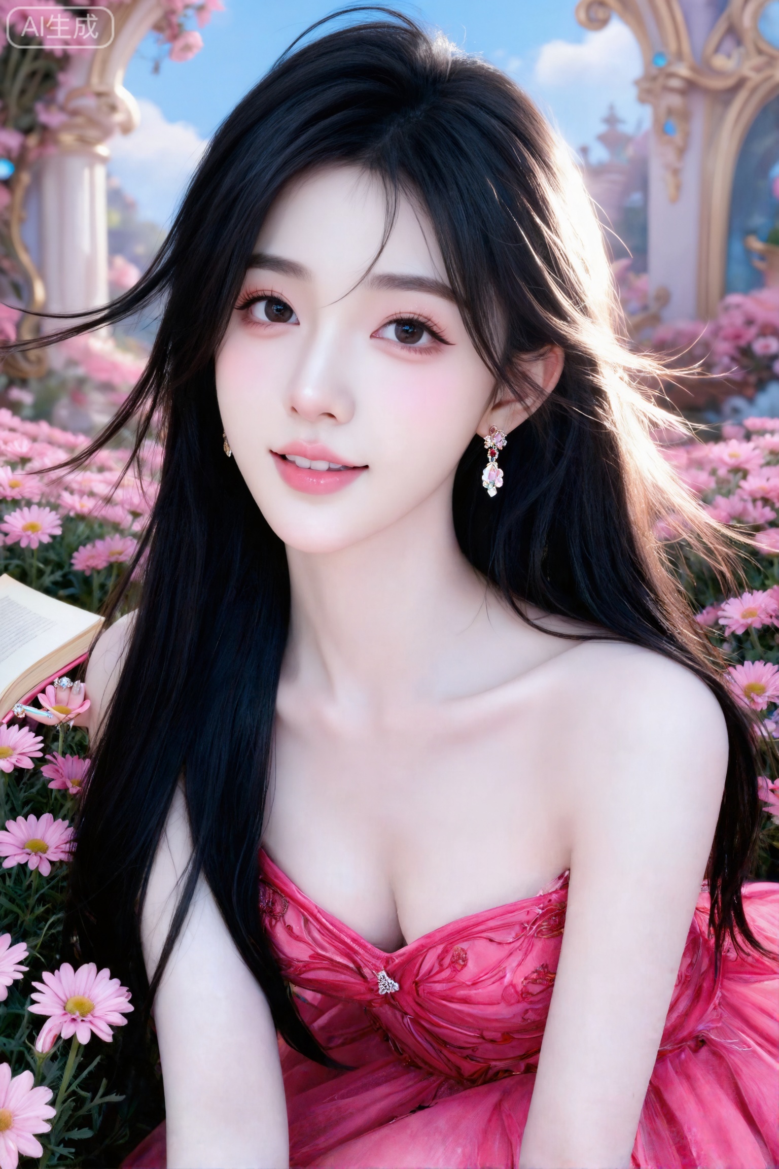 杰作级画质,顶级图像精度,超高清细节渲染,单人女性角色,（乌黑亮丽的长发：1.4）,（比例优越的纤细长腿：1.3）,（肌肤白皙光滑的匀称美腿：1.4）,（挺拔饱满的D 罩杯曲线：1.4）,（精致立体的美颜五官：1.4）,黄金比例惹火身段,体态窈窕挺拔,气质明艳动人,一个女孩,
置身于大片粉色花卉的簇拥中,极繁杂工艺设计款浅粉色玫红色礼服裙的设计与粉色小雏菊花海色调相得益彰,整体构图将人、花、书三者融合,营造出如同童话秘境的视觉效果。
（电影级面光：1.6）,（光线追踪：1.5）,（冷白皮漫感质感的光滑皮肤：1.7）,（人物有最好的骨相：1.2）,（网感脸：1.6）,（网感妆：1.6）身材完美,莫兰迪配色,高颜值网红,INS风,幼态脸,19岁女生尖下巴,三庭五眼比例均衡,身材娇小,细腻陶瓷水嫩肌肤,偏冷白皮,随机的妆容,随机的饰品,随机的动作,侧光,发丝轻飘,凌乱,随机角度拍摄,总体有很多的不确定性,但又好看,
风格甜美少女系,氛围慵懒俏皮,东方美女,黑长直,年轻娇小,发丝呈现出自然的蓬松感与垂坠感,长发散落于肩头两侧,几缕发丝拂面,冷白皮气质美女,纯欲风,皮肤白皙,偶像气质,fairskin,气质的江南美女子,有点甜美,皮肤美白透亮,表情可爱,甜美氛围,细腻笔触,独特韵味的美,可爱表情,随机的饰品,配饰美甲,随机的动作,随机的光影,随机华丽玄幻神秘的背景,随机的表情,总体有很多的不确定性