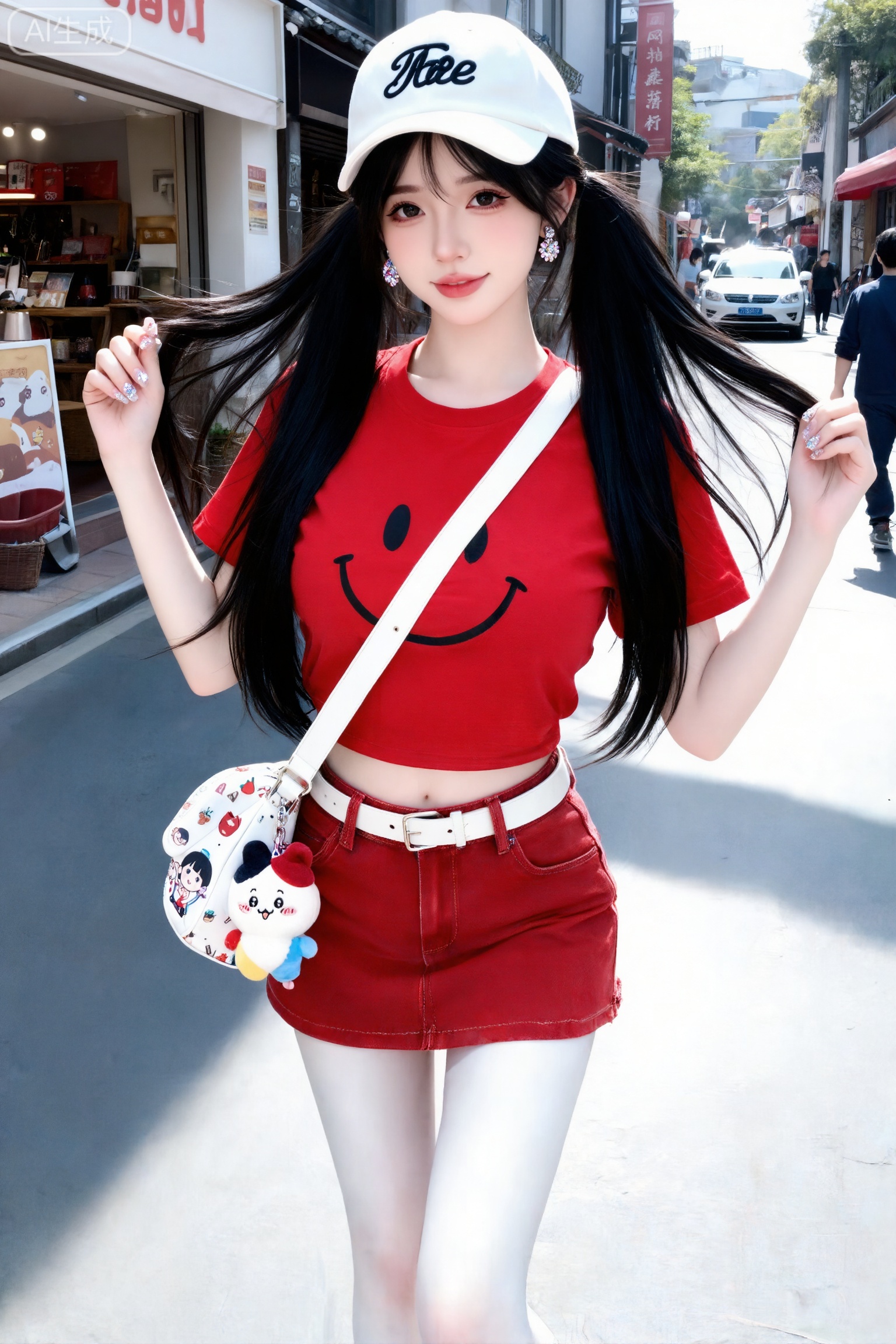 Masterpiece, best picture quality, high quality, (black hair: 1.4), (extra long legs: 1.3), (smooth white thighs: 1.4), (big breasts: 1.4), (beautiful face: 1.4), impressive body, D cup, 1girl,
真实摄影,薇薇风格,黑色长发双马尾,佩戴白色字母棒球帽,身着红色笑脸印花短T恤、红色牛仔短裙（配白色皮带）,斜挎白印花卡通色包（挂有毛绒玩偶挂件）,站在城市街道旁（背景有店铺、车辆、行人,氛围潮酷）,潮酷,个性,户外,自然光,全身构图,人物居于画面中心,光线突出穿搭细节与街头场景,白、红、白配色,T恤与短裙作潮酷亮点,造型与个性场景呼应,潮酷个性氛围感拉满,倾斜构图,（电影级面光：1.6）,（光线追踪：1.5）,（冷白皮漫感质感的光滑皮肤：1.7）,（人物有最好的骨相：1.2）,（网感脸：1.6）,（网感妆：1.6）身材完美,莫兰迪配色,高颜值网红,INS风,幼态脸,19岁女生尖下巴,三庭五眼比例均衡,身材娇小,细腻陶瓷水嫩肌肤,偏冷白皮,随机的妆容,随机的饰品,随机的动作,侧光,发丝轻飘,凌乱,随机角度拍摄,总体有很多的不确定性,但又好看, 风格甜美少女系,氛围慵懒俏皮,东方美女,黑长直,年轻娇小,发丝呈现出自然的蓬松感与垂坠感,长发散落于肩头两侧,几缕发丝拂面,冷白皮气质美女,纯欲风,皮肤白皙,偶像气质,fairskin,气质的江南美女子,有点甜美,皮肤美白透亮,表情可爱,甜美氛围,细腻笔触,独特韵味的美,亮晶晶耳饰,亮晶晶美甲,可爱表情