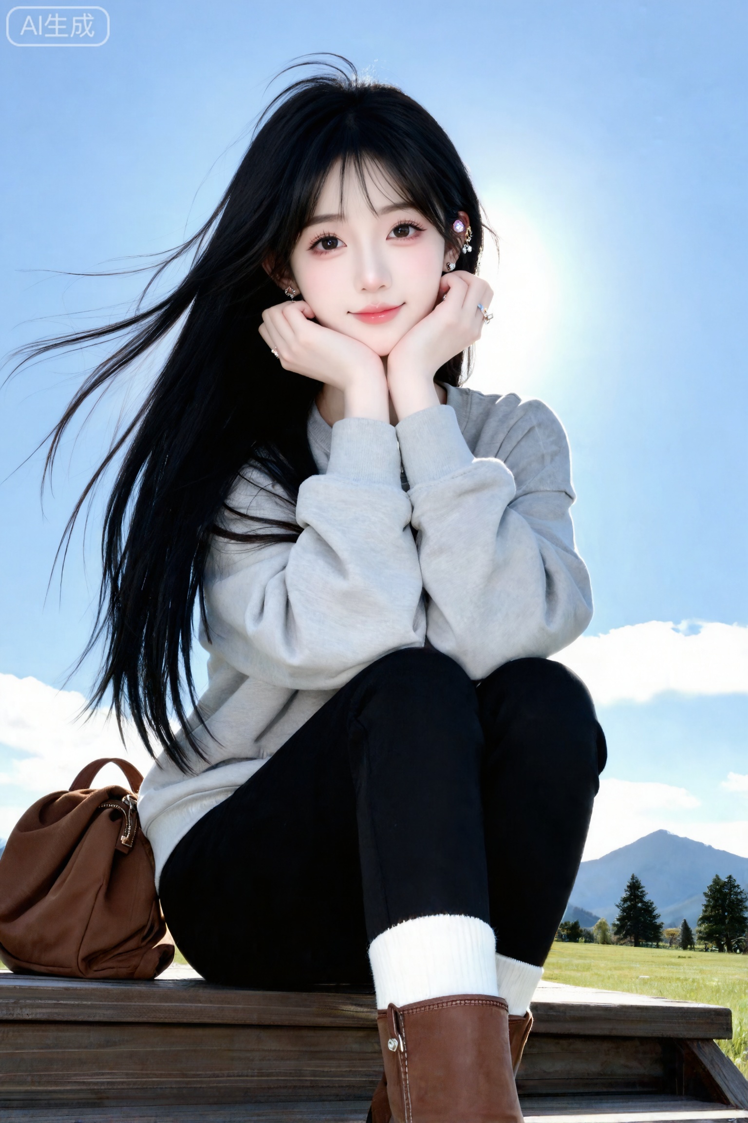 杰作级画质,顶级图像精度,超高清细节渲染,单人女性角色,（乌黑亮丽的长发：1.4）,（比例优越的纤细长腿：1.3）,（肌肤白皙光滑的匀称美腿：1.4）,（挺拔饱满的D 罩杯曲线：1.4）,（精致立体的美颜五官：1.4）,黄金比例惹火身段,体态窈窕挺拔,气质明艳动人,一个女孩,
镜头通透感,画面张力。极薇薇容颜绝美,正面照,超清晰画质,妆造精致,饰品精巧,可爱妆造,温柔大方,五官精致,面部清晰,（电影级面光：1.6）,（光线追踪：1.5）,（冷白皮漫感质感的光滑皮肤：1.7）,（人物有最好的骨相：1.2）,（网感脸：1.6）,身材完美,莫兰迪配色,高颜值网红,INS风,幼态脸,19岁女生尖下巴,三庭五眼比例均衡,身材娇小,细腻陶瓷水嫩肌肤,偏冷白皮,随机的妆容,随机的饰品,随机的动作,侧光,发丝轻飘,凌乱,随机角度拍摄,总体有很多的不确定性,但又好看,
风格甜美少女系,氛围慵懒俏皮,东方美女,黑长直,年轻娇小,发丝呈现出自然的蓬松感与垂坠感,长发散落于肩头两侧,几缕发丝拂面,冷白皮气质美女,薇薇纯欲风,皮肤白皙,偶像气质,fairskin,气质的江南美女子,有点甜美,皮肤美白透亮,表情可爱,甜美氛围,细腻笔触,独特韵味的美,可爱表情,穿浅灰色卫衣（撸起袖子）,双手交叉托着下巴,黑色长裤,棕色长靴（配白色中筒袜）,坐在木质台阶上,身旁有棕色包包、棕色衣物,侧拍,背景是开阔的草地、树木、山峦与蓝天,时尚休闲氛围。光线明亮,极致光影,故事性影像叙事风格,慢生活美学风格。电影级镜头画面,柔焦美学,超清纹理,极简风,艺术人像高级感。