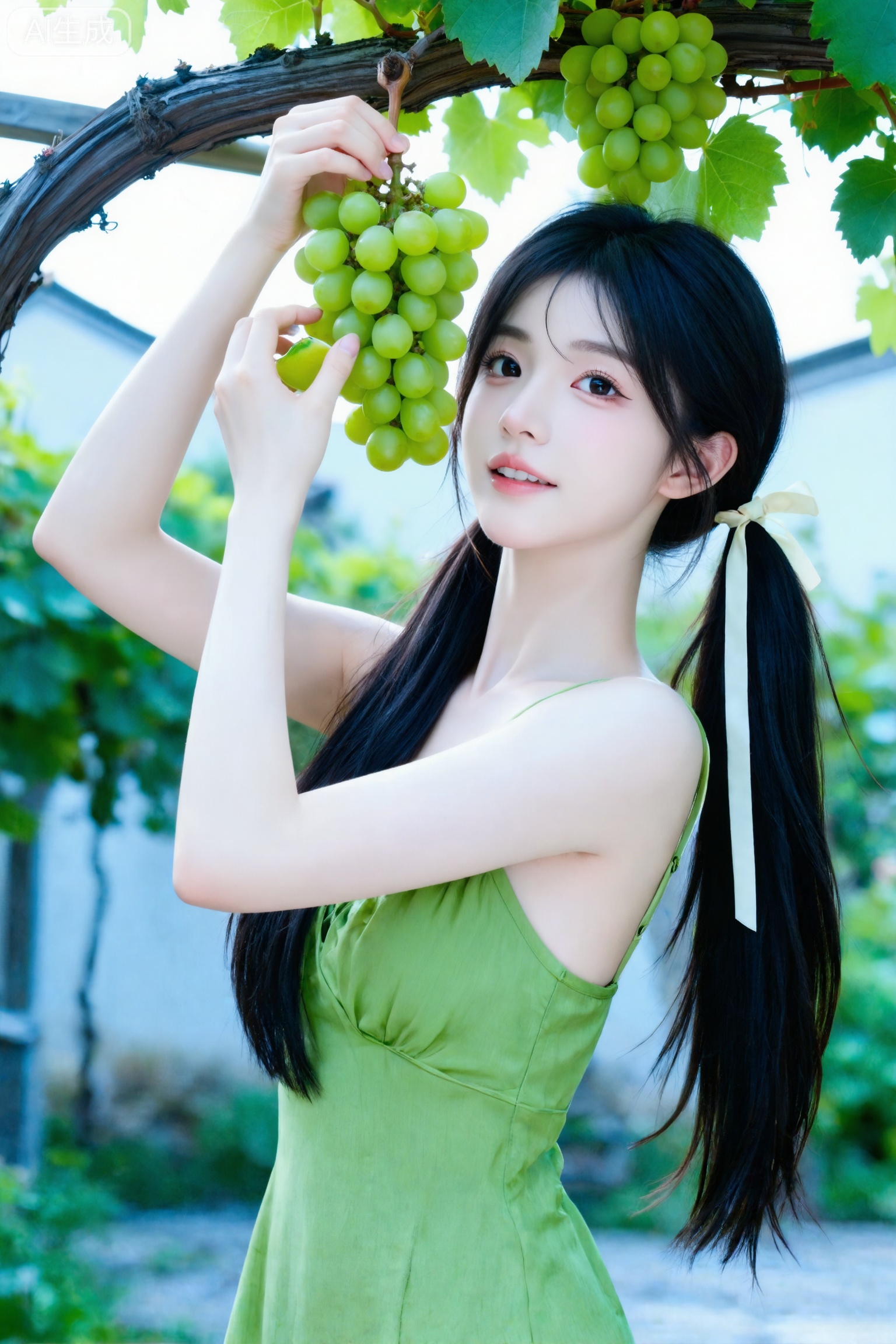 杰作级画质,顶级图像精度,超高清细节渲染,单人女性角色,（乌黑亮丽的长发：1.4）,（比例优越的纤细长腿：1.3）,（肌肤白皙光滑的匀称美腿：1.4）,（挺拔饱满的D 罩杯曲线：1.4）,（精致立体的美颜五官：1.4）,黄金比例惹火身段,体态窈窕挺拔,气质明艳动人,一个女孩,
真实摄影,（电影级面光：1.6）,（光线追踪：1.5）,（冷白皮漫感质感的光滑皮肤：1.7）,（人物有最好的骨相：1.2）,（网感脸：1.6）,身材完美,莫兰迪配色,高颜值网红,INS风,幼态脸,19岁女生尖下巴,三庭五眼比例均衡,身材娇小,细腻陶瓷水嫩肌肤,偏冷白皮,随机的妆容,随机的饰品,随机的动作,侧光,发丝轻飘,凌乱,随机角度拍摄,总体有很多的不确定性,但又好看,
风格甜美少女系,氛围慵懒俏皮,东方美女年轻娇小,冷白皮气质美女,薇薇纯欲风,皮肤白皙,偶像气质,fairskin,气质的江南美女子,有点甜美,皮肤美白透亮,表情可爱,甜美氛围,细腻笔触,独特韵味的美,可爱表情,正面照,人物上半身特写,长发（扎成马尾,发间系有浅色丝带）,身穿绿色吊带连衣裙；姿态为站在葡萄果树下,手提青绿色葡萄,身体微微侧对镜头,头部靠近树枝；周围是繁茂的绿叶与树枝,背景是绿意盎然的户外环境,光线明亮,氛围清新、自然,充满田园写真的治愈与生机感,