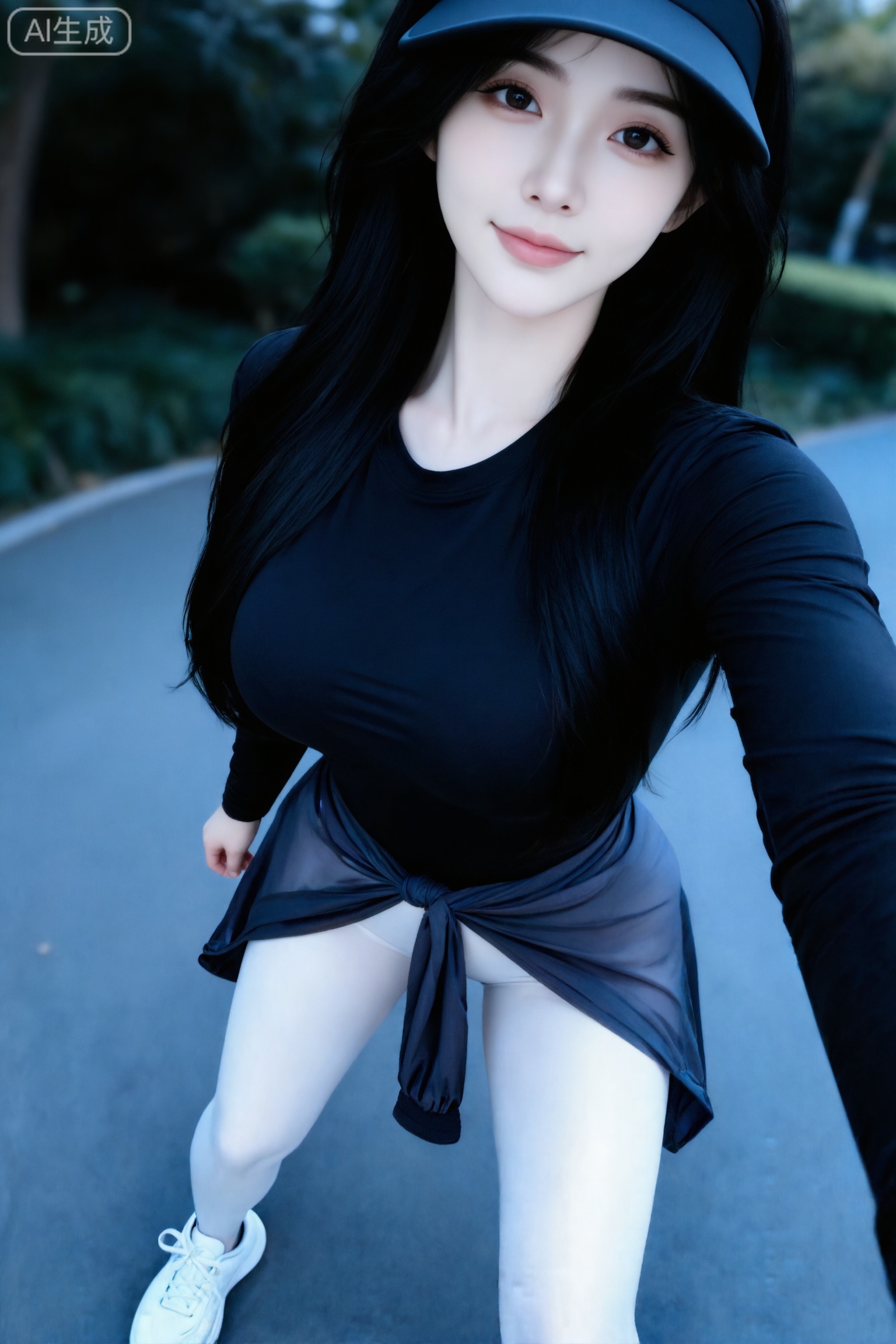 Masterpiece, best picture quality, high quality, (black hair: 1.4), (extra long legs: 1.3), (smooth white thighs: 1.4), (big breasts: 1.4), (beautiful face: 1.4), impressive body, D cup, 1girl,
日常快照风格,自拍,非对称构图,户外场景,25岁女子沙漏形身材,S曲线,鹅蛋脸,冷白皮,黑色遮阳帽,长袖T恤,腰间系着一件薄外套,紧身裤,白色运动鞋,真实,自然,超级,近景,32K超高清画质,超高细节精度。
