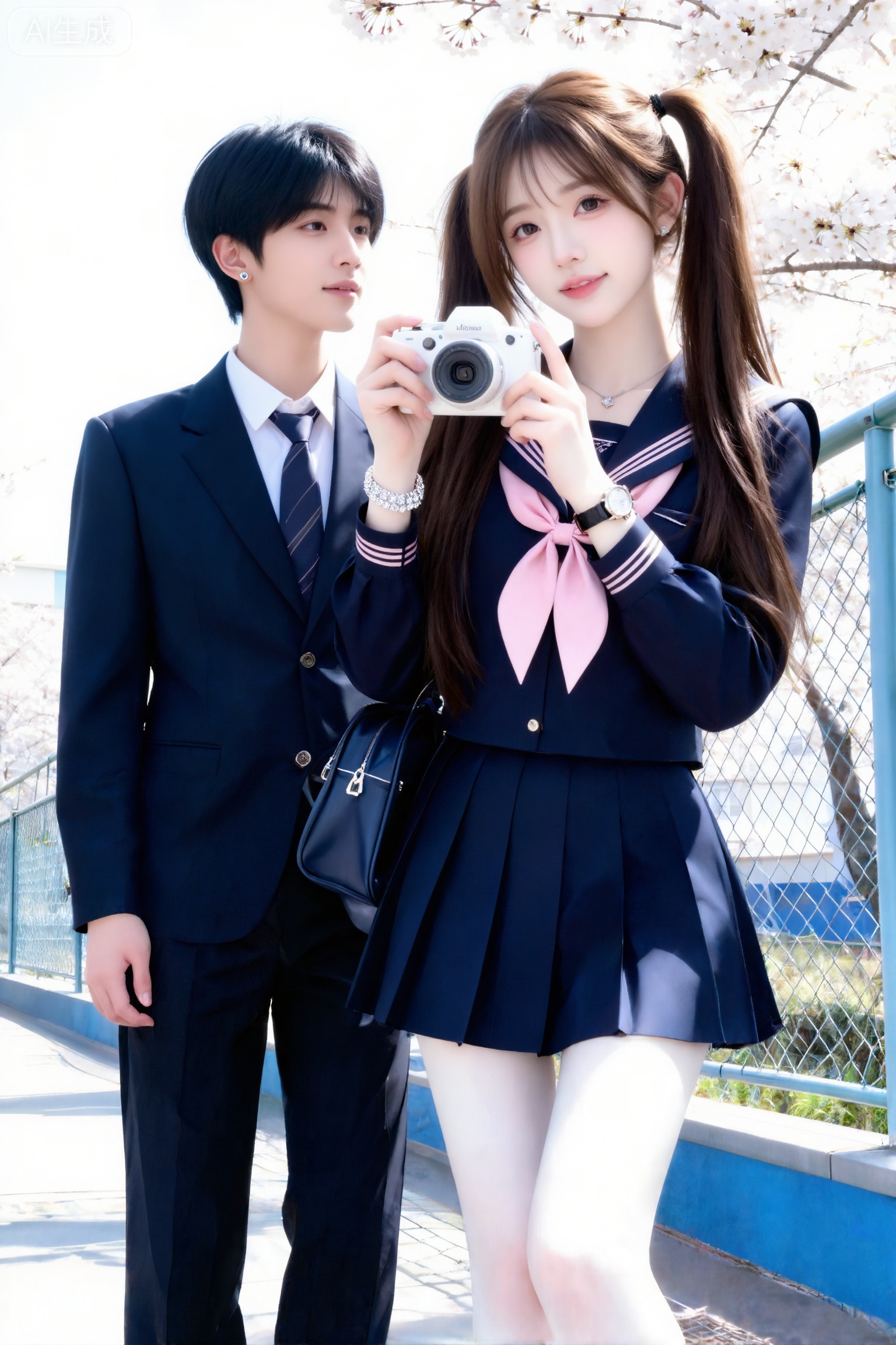 Masterpiece, best picture quality, high quality, (black hair: 1.4), (extra long legs: 1.3), (smooth white thighs: 1.4), (big breasts: 1.4), (beautiful face: 1.4), impressive body, D cup, 1girl,
真实摄影,棕色长发（双马尾）,身着深蓝色制服（带粉色领结装饰）、同色百褶短裙,手持白色相机,站在樱花树下的铁丝网旁；背景为春日樱花场景（盛开的白色樱花树、铁丝网、远处的建筑、明亮的自然光线,清新质感）；清新校园场景,蓝粉彩色系与制服、樱花元素交织,衬出活力氛围；清新质感,光线充足（户外强光）,中景构图,视觉焦点集中；光线突出水手服的校园感与樱花的烂漫,视觉效果活力；深蓝色水手服与粉色领结作亮点,与樱花背景呼应,清新校园氛围感拉满,倾斜构图,最高等级画质,IHD,美颜全开,超高清,32k分辨率,去掉一切噪点,冷色调,高曝光,高亮度采用微距镜头半身拍摄,聚焦于她上半身,将每一处细节都清晰展现,超细节呈现出她冷白、匀净、清透且细腻的皮肤。侧光出片氛围拉满；神情松弛自然,奶油白肌肤,微醺,柔和色彩,磨皮人物轮廓边缘,清新,质感最高级,层次丰富,神态肢体自然,妆容清透,背景虚化突出主体,风格温柔有视觉张力。互动道具：钻石手环。 照片感染力,故事感,强烈阳光照在腿上,身材完美,背着小包包,戴耳钉,戴手表,戴项链,（电影级面光：1.6）,（光线追踪：1.5）,（冷白皮漫感质感的光滑皮肤：1.7）,（人物有最好的骨相：1.2）,（网感脸：1.6）,身材完美,莫兰迪配色,高颜值网红,INS风,幼态脸,20岁女生尖下巴,三庭五眼比例均衡,身材娇小,细腻陶瓷水嫩肌肤,偏冷白皮,随机的妆容,随机的饰品,随机的动作,侧光,随机角度拍摄,总体有很多的不确定性,但又好看, 甜美少女,氛围慵懒俏皮,东方美女,黑长直,年轻娇小,发丝呈现出自然的蓬松感与垂坠感,长发散落于肩头两侧,冷白皮气质美女,薇薇纯欲风,皮肤白皙,偶像气质,fairskin,气质的江南美女子,有点甜美,皮肤美白透亮,表情可爱,甜美氛围,细腻笔触,独特韵味的美,,单反相机效果,50mm焦距,情侣风格照片,高质量,必须男生和女生互动。