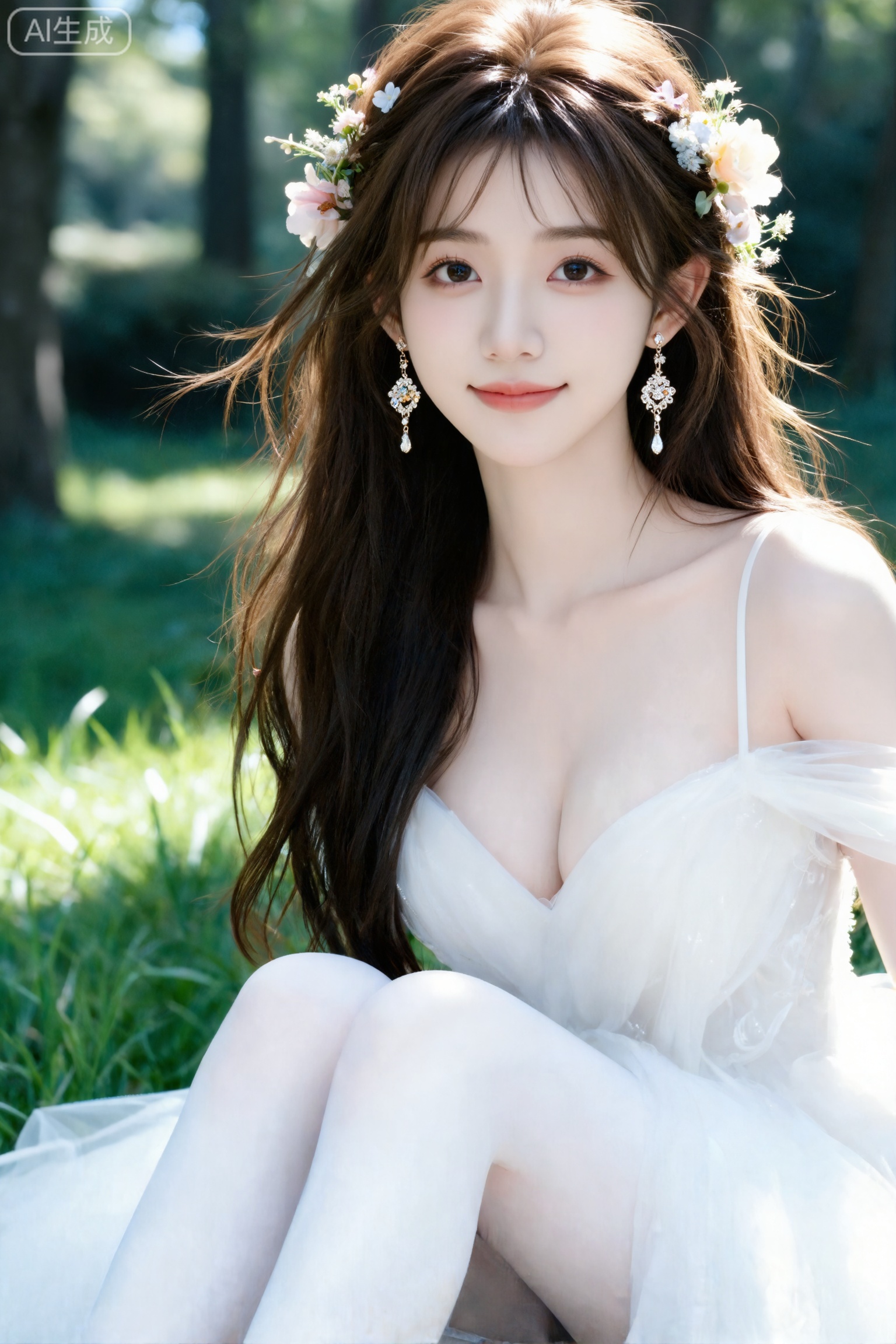 Masterpiece, best picture quality, high quality, (black hair: 1.4), (extra long legs: 1.3), (smooth white thighs: 1.4), (big breasts: 1.4), (beautiful face: 1.4), impressive body, D cup, 1girl,
户外摄影,18岁森系少女写真,草地上树林中,少女面部特写,嘴角微微上扬,精美饰品,棕色长发搭配花朵装饰,头发和花巧妙结合,极简风格,细节完美,五官精致,轻奢风白纱连衣裙,突出头发凌乱美,富士胶卷相片,阳光,曝光,清冷调