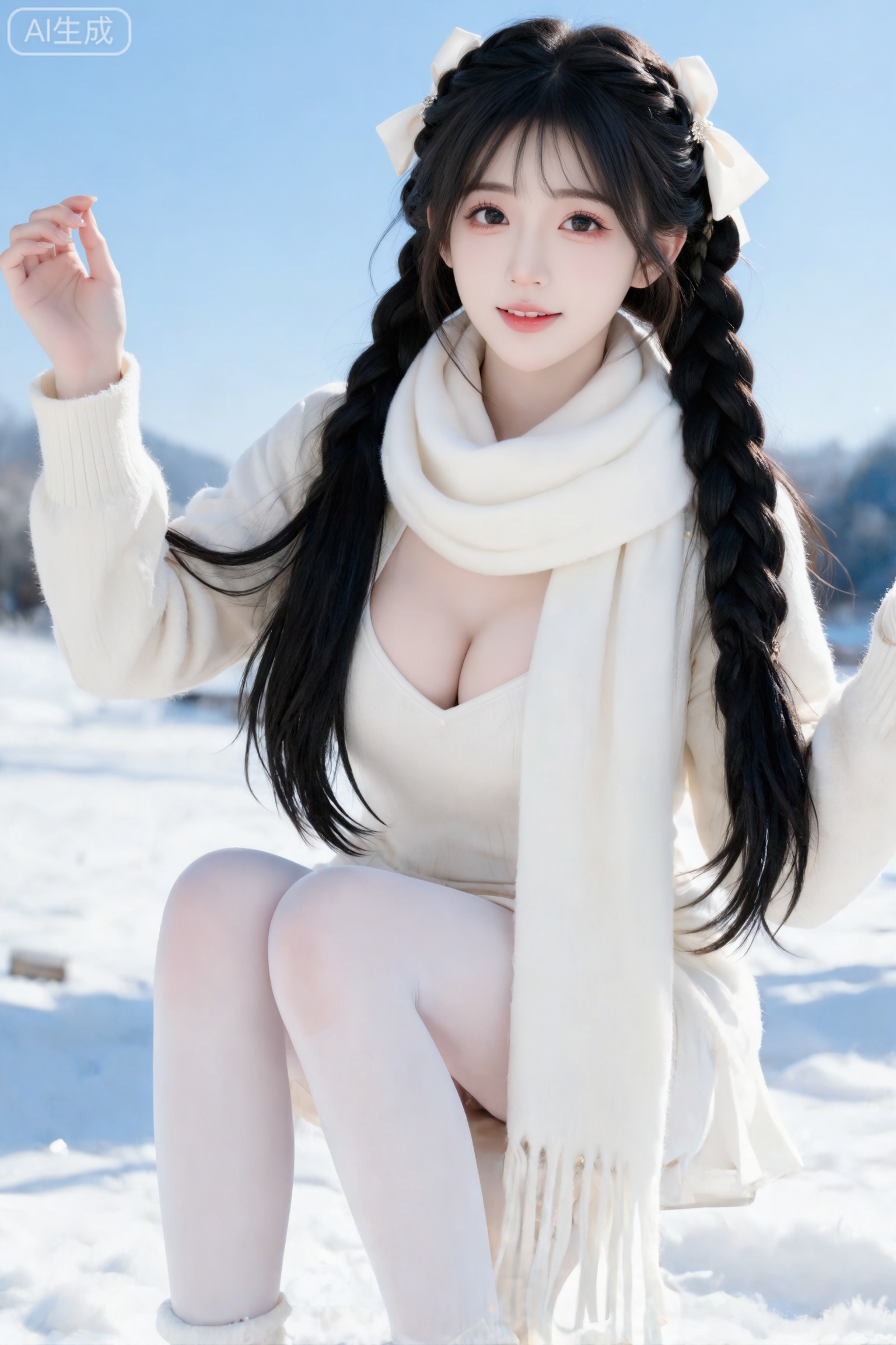 杰作级画质,顶级图像精度,超高清细节渲染,单人女性角色,（乌黑亮丽的长发：1.4）,（比例优越的纤细长腿：1.3）,（肌肤白皙光滑的匀称美腿：1.4）,（挺拔饱满的D 罩杯曲线：1.4）,（精致立体的美颜五官：1.4）,黄金比例惹火身段,体态窈窕挺拔,气质明艳动人,一个女孩,
环境为晴天,柔和的光线笼罩,室外,一位黑色长发及腰、多辫子元素,蝴蝶结,模样可爱的冷白皮女生,身着冬季乳白色搭配合理穿搭,围巾,其软糯的质感和清晰的层次十分突出。（电影级面光：1.6）,（光线追踪：1.5）,（冷白皮漫感质感的光滑皮肤：1.7）,（人物有最好的骨相：1.2）,（网感脸：1.6）,（网感妆：1.6）身材完美,“20岁绝美女网红等等,容颜绝美,冷白皮,纯欲风,干净利落新娘盘发,正面照,超清晰画质,妆造精致,饰品精巧,可爱妆造,细节完美,温柔大方,五官精致,面部清晰,户外背景,全景,容颜绝美,冷白皮,纯欲风,精致盘发,正面照,超清晰画质,妆造精致,饰品精巧,温柔大方,五官精致,面部清晰,（电影级面光：1.6）,（光线追踪：1.5）,（冷白皮漫感质感的光滑皮肤：1.7）,（人物有最好的骨相：1.2）,（网感脸：1.6）,身材完美,中国传统配色,高颜值网红,INS风,幼态脸,20岁女生尖下巴,三庭五眼比例均衡,身材娇小,细腻陶瓷水嫩肌肤,偏冷白皮,随机的动作,侧光,随机角度拍摄,总体有很多的不确定性,但又好看,风格甜美少女系,氛围慵懒俏皮,东方美女,年轻娇小,冷白皮气质美女,纯欲风,皮肤白皙,偶像气质,fairskin,气质的江南美女子,有点甜美,皮肤美白透亮,表情可爱,甜美氛围,细腻笔触,独特韵味的美,可爱表情