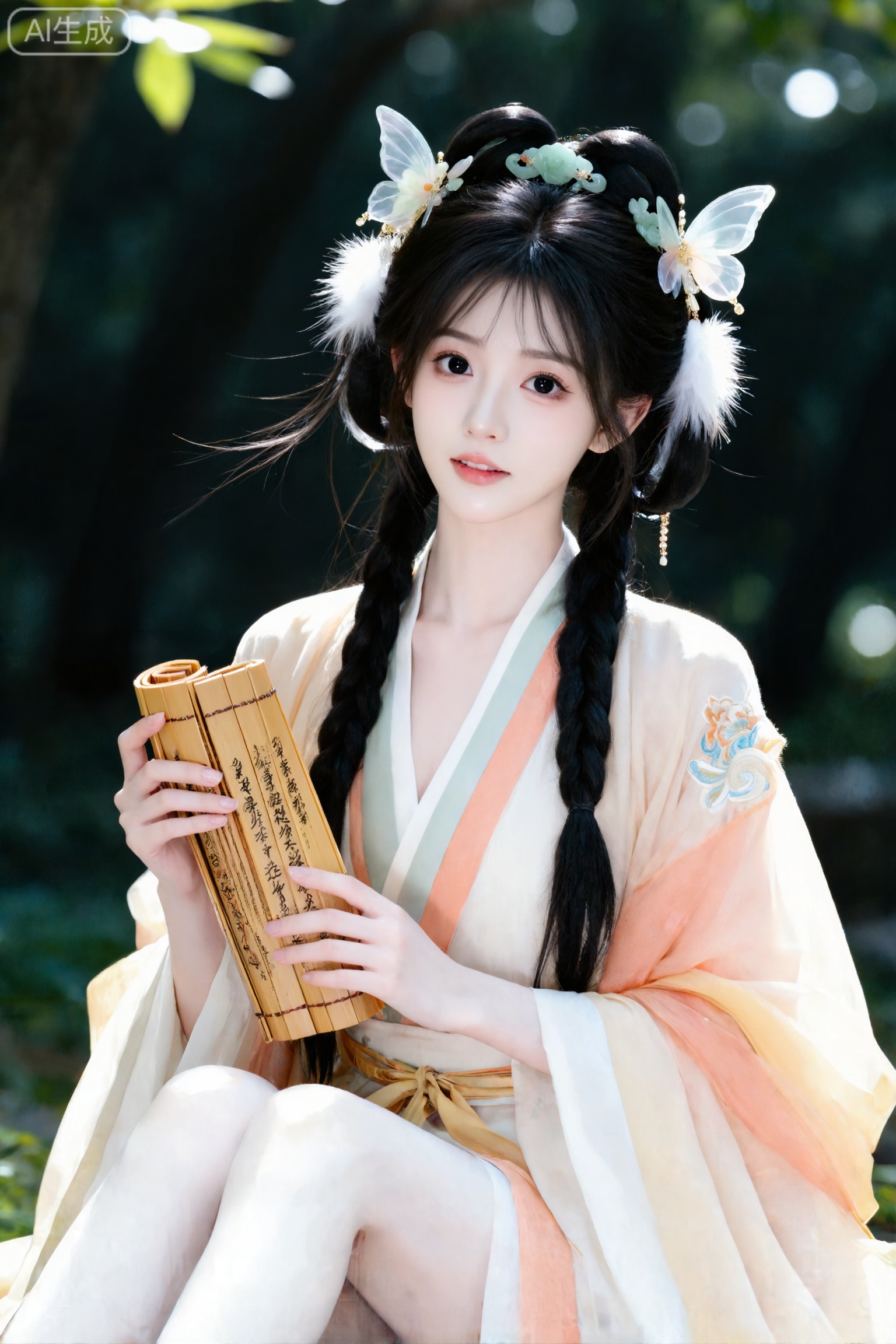 杰作级画质,顶级图像精度,超高清细节渲染,单人女性角色,（乌黑亮丽的长发：1.4）,（比例优越的纤细长腿：1.3）,（肌肤白皙光滑的匀称美腿：1.4）,（挺拔饱满的D 罩杯曲线：1.4）,（精致立体的美颜五官：1.4）,黄金比例惹火身段,体态窈窕挺拔,气质明艳动人,一个女孩,
随机运镜,随机姿势表情,年轻的贵族古风少女,精致妆容,特写,全身,皮肤白皙光滑,两绺细发辫垂落肩头显端庄温婉,点缀柔软稀薄的丝缕毛翎饰（随风自然垂坠贴着发鬓）,玉钗绢花发饰,发间点缀丝绢小蝶饰（薄感透明形态柔软生动自然）与乌发对比鲜明交相辉映；身着大袖古风襦裙,外层宽松交领半袖（领口素雅撞色）,内搭,下配裙腰间系素色丝带,双手捧着古旧竹简卷轴,手指轻扣竹简侧面,眼神清澈微侧头望向镜头,黑瞳灵动,脸颊清瘦,温婉,天真,绝美略带清冷,面部线条柔和,皮肤白皙细腻；户外古风林间,重度虚化的深绿色树木枝叶间,光斑透过叶隙形成自然散景,自然柔光笼罩全身,营造清幽氛围；古风真人摄影风格,电影感写实画质,画面质感细腻通透,带轻微自然胶片颗粒感,色彩还原真实自然；色调以蜜合色、桃夭色,栀黄色,白色为主,整体清新明快,冷暖对比和谐；随机构图,随机角度运镜,随机姿态表情,聚焦少女五官清晰刻画与持卷轴动作,背景虚化突出主体；超高清画质,细节丰富清晰,细腻刻画丝绸纹理、广袖柔软细腻的垂坠感层次,衣身苏绣暗纹精致繁复,竹简木竹纹理,发丝光与饰品材质质感,背景树叶光影斑驳与散景效果,人物面部自然妆容与神态细节,确保人物造型与发型完整无缺,故事情节,既视感,现场感,快照门,抓拍,胶片摄影,复古色调,20岁江南绝美少女,冷白皮瓷感透亮肌,幼态脸五官精致,纯欲甜妹气质,慵懒俏皮氛围,S曲线挺拔身材,上围,娇小东方美,三庭五眼均衡,可爱表情,中国传统配色,INS质感,weiting效果,超高清细节拉满,侧光随机角度动作,高颜值偶像感,细节完美