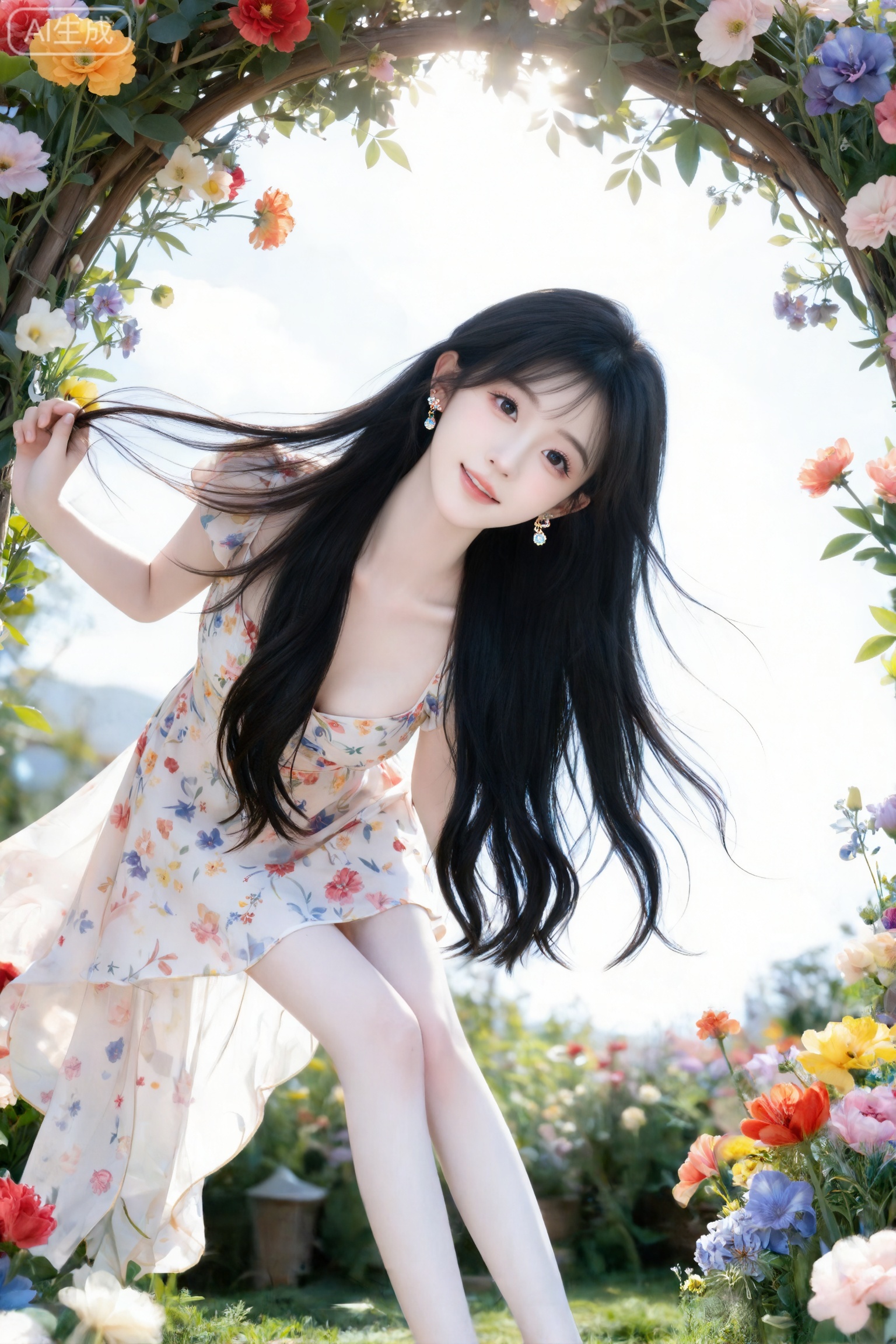 杰作级画质,顶级图像精度,超高清细节渲染,单人女性角色,（乌黑亮丽的长发：1.4）,（比例优越的纤细长腿：1.3）,（肌肤白皙光滑的匀称美腿：1.4）,（挺拔饱满的D 罩杯曲线：1.4）,（精致立体的美颜五官：1.4）,黄金比例惹火身段,体态窈窕挺拔,气质明艳动人,一个女孩,
一位身姿曼妙的女子身处花园中,她有着一头长发,发尾微卷,随意披散,发丝在微风中轻轻摇曳。身着一袭碎花连衣裙,裙摆随风飘动。周围是五彩斑斓的花朵,阳光透过枝叶洒下斑驳光影。氛围清新自然,风格是那种唯美的田园风。容颜绝美,正面照,超清晰画质,妆造精致,饰品精巧,可爱妆造,温柔大方,五官精致,面部清晰,（电影级面光：1.6）,（光线追踪：1.5）,（冷白皮漫感质感的光滑皮肤：1.7）,（人物有最好的骨相：1.2）,（网感脸：1.6）,身材完美,莫兰迪配色,高颜值网红,INS风,幼态脸,20岁女生尖下巴,三庭五眼比例均衡,身材娇小,细腻陶瓷水嫩肌肤,偏冷白皮,随机的动作,侧光,随机角度拍摄,总体有很多的不确定性,但又好看,
风格甜美少女系,氛围慵懒俏皮,东方美女,年轻娇小,冷白皮气质美女,薇薇纯欲风,皮肤白皙,偶像气质,fairskin,气质的江南美女子,有点甜美,皮肤美白透亮,表情可爱,甜美氛围,细腻笔触,独特韵味的美