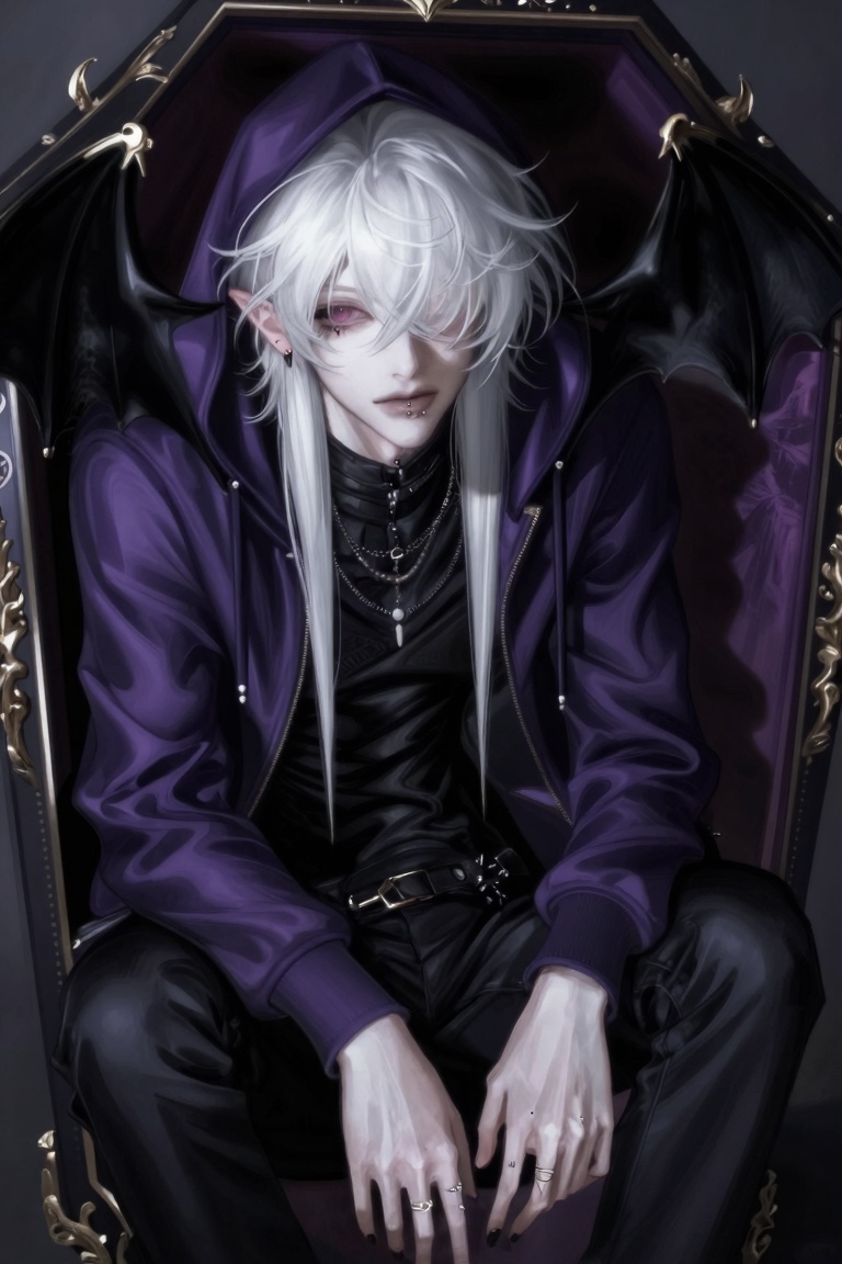 a half-body image of a 1boy with bat wings,  black nails,  ear piercing on Tensor.Art