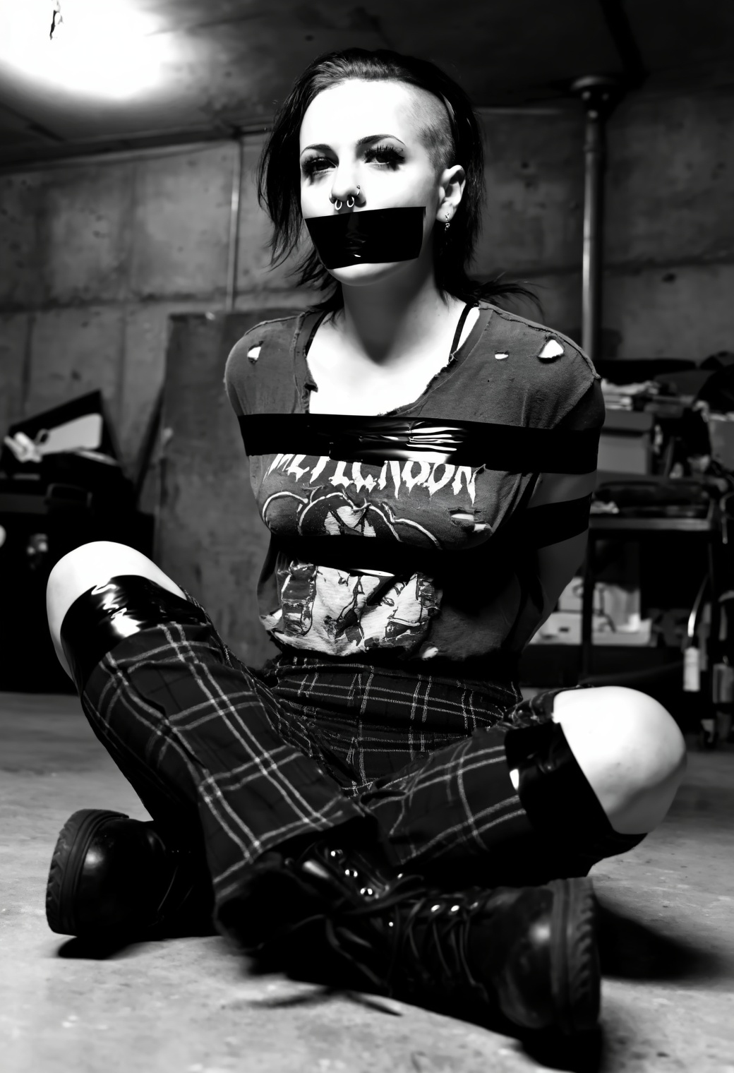 A gritty,  high-contrast black and white photo set inside a cluttered concrete garage. A young woman with a punk aesthetic...