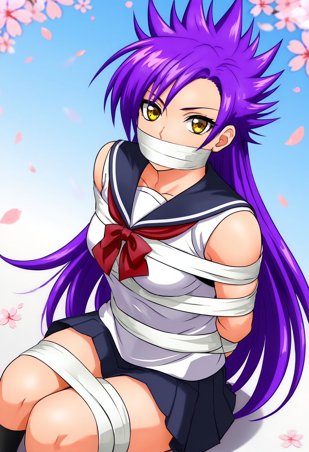 A colorful,  anime-style illustration of a 22 years old woman with long,  spiky purple hair and large golden eyes. She is...