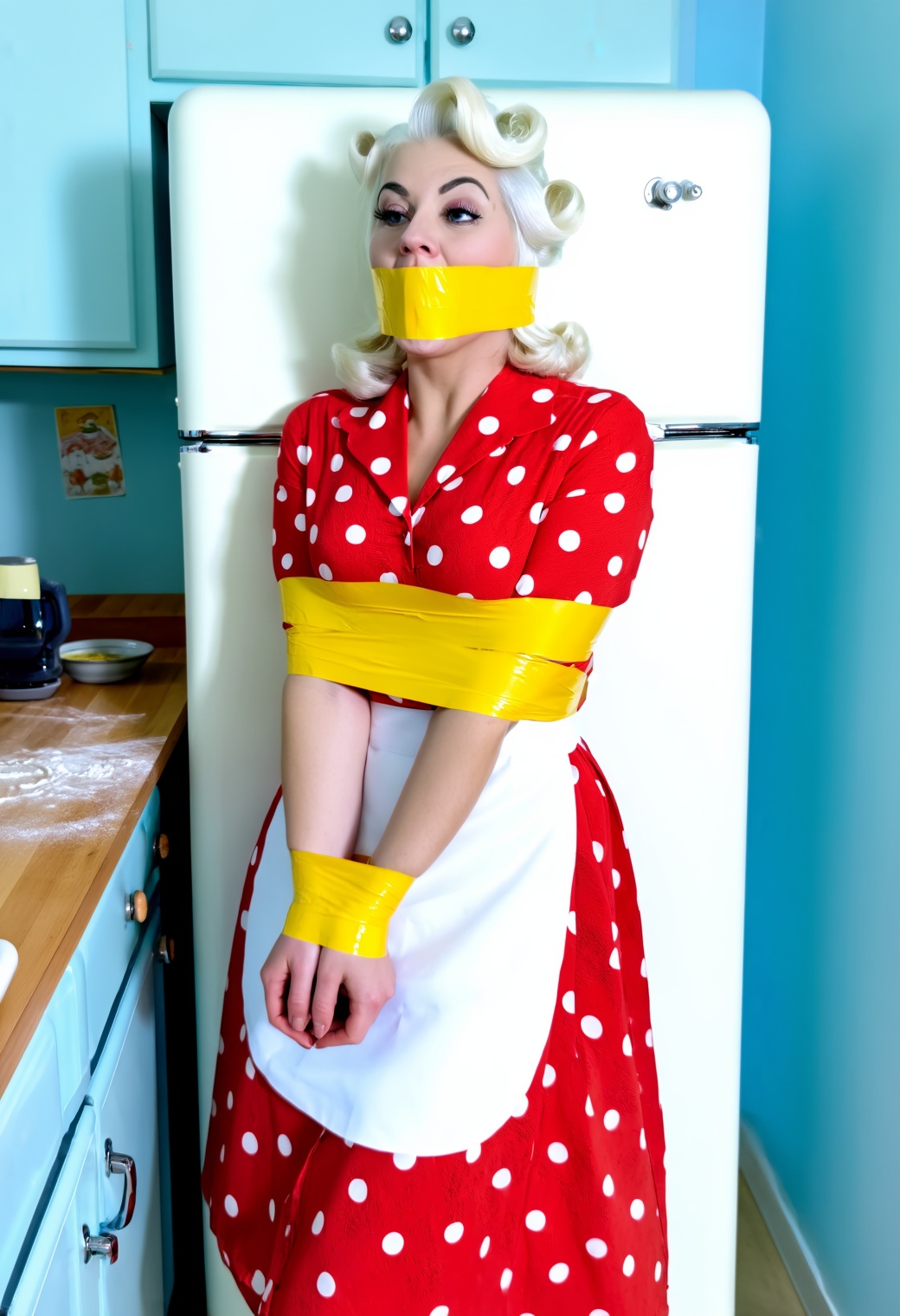 A bright,  saturated,  vintage-style photograph set in a pastel blue 1950s kitchen. A woman with platinum blonde hair styl...