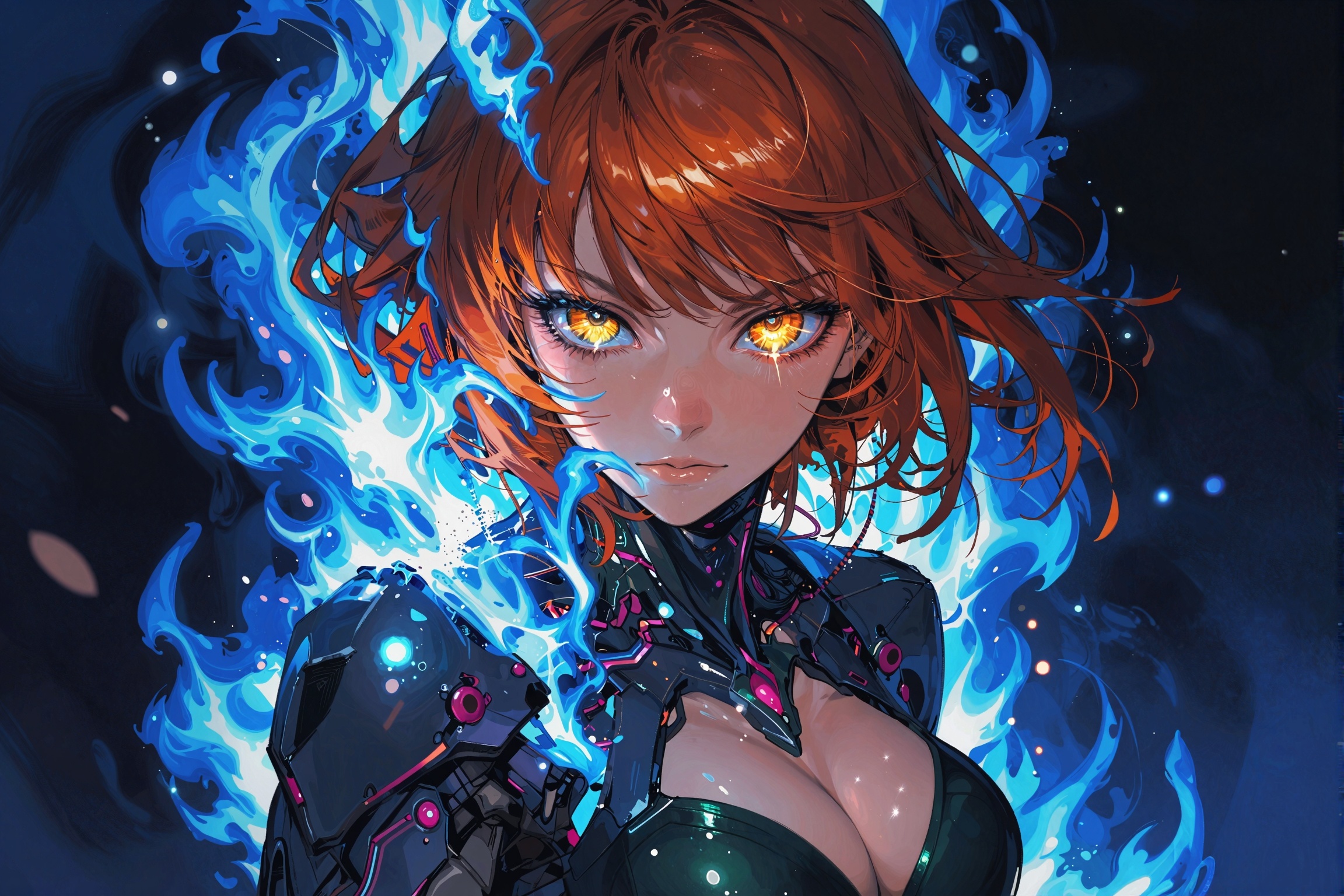 Painted,  high-impact anime illustration of a cybernetic swordswoman captured from waist-up to mid-thigh,  standing in fro...