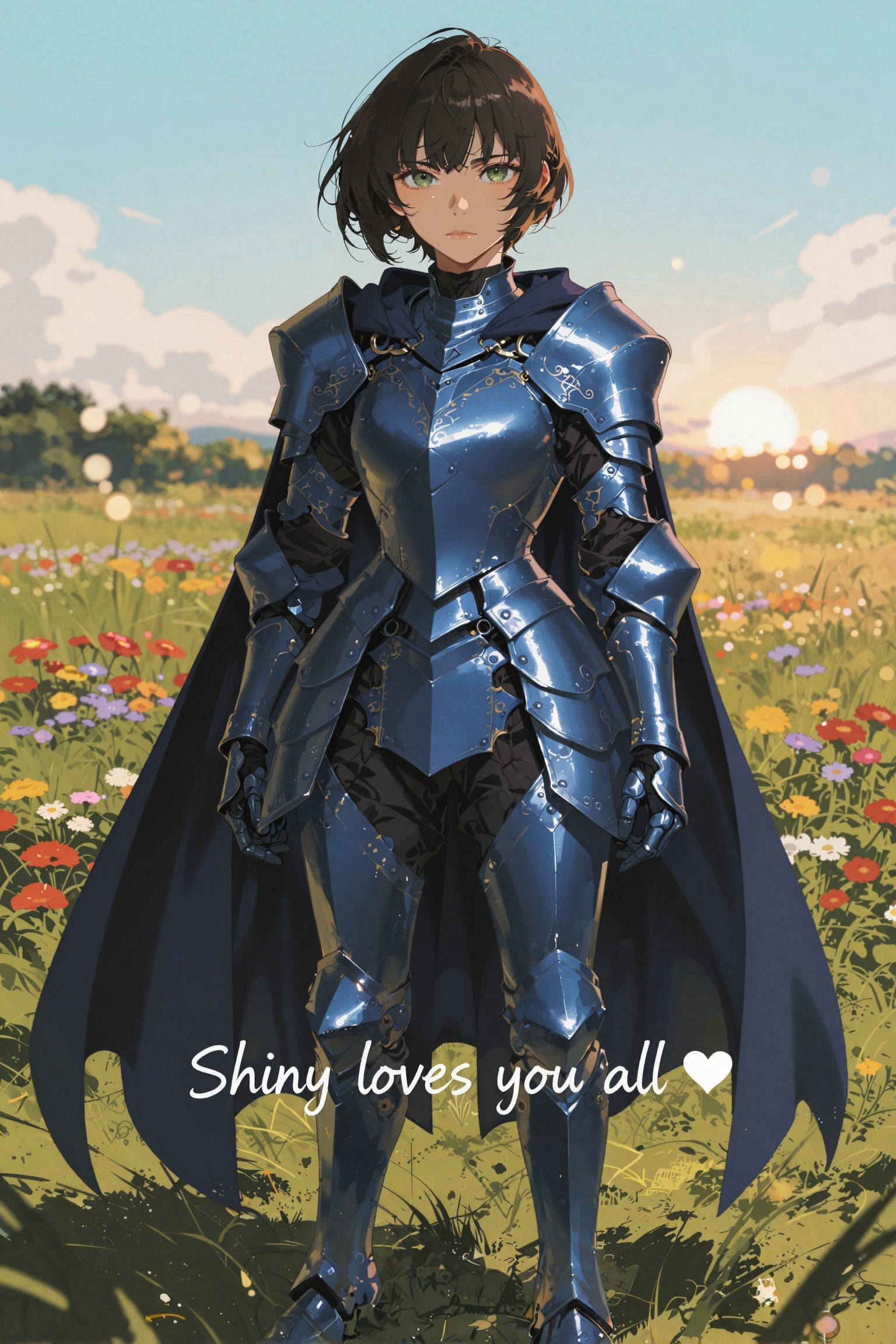 A high-quality painted anime illustration of a young armored heroine standing full-body,  facing the viewer with a calm,...