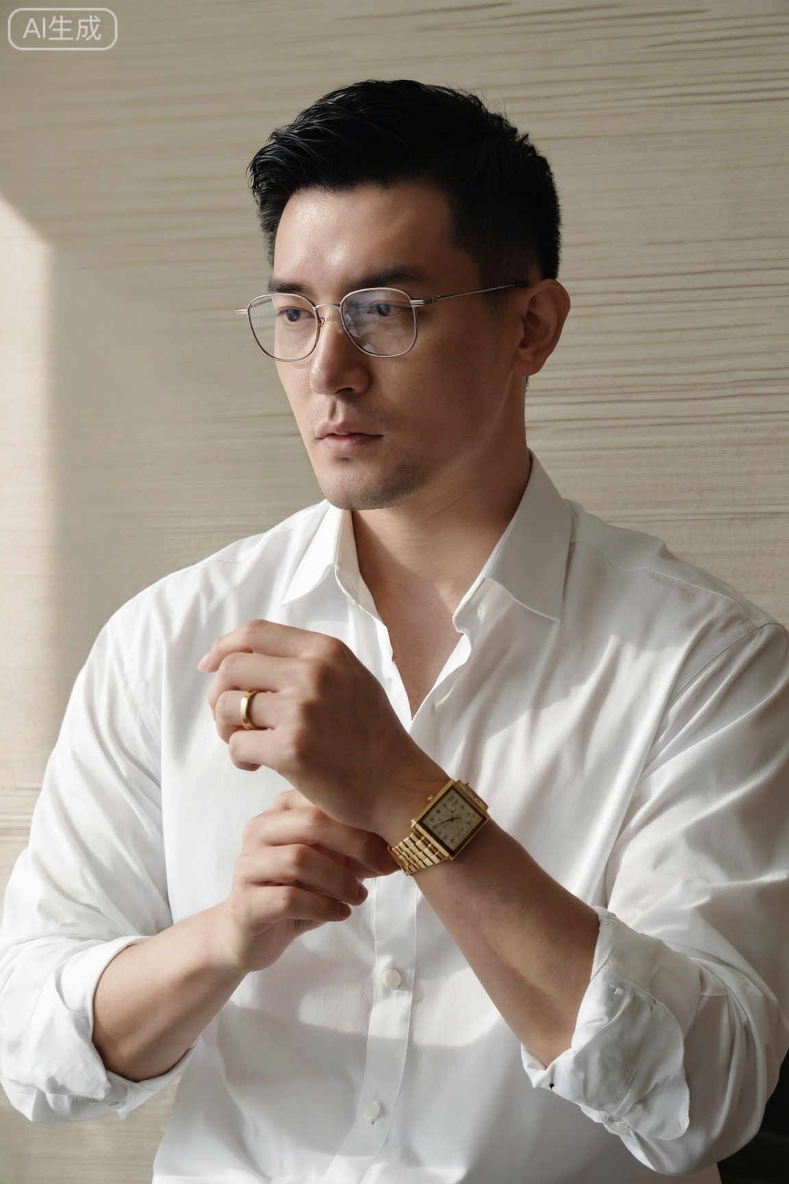 主体描述：一位三十岁左右的男性,面容俊朗,五官立体,皮肤质感细腻,黑色短发向后梳理,发际线清晰,鬓角修剪利落,佩戴金属边框眼镜,镜片反光柔和,眼神略带沉思,视线投向画面左前方,表情克制而优雅。

穿着：身穿纯白色长袖正装衬衫,面料为高支棉质,挺括有型,领口端正,前襟纽扣整齐扣合,袖口翻折自然,露出部分手腕肌肤,整体剪裁贴合身形,体现简约高级的都市绅士风格。

互动细节：右手轻搭于左手腕上,手指微曲,指尖轻触表盘,动作自然流畅,仿佛在调整或欣赏腕表,左手佩戴方形金色机械腕表,表带为金属链节设计,无名指戴一枚素金戒指,手部姿态传达出对细节的专注与品味。

场景：浅米色纹理墙面背景,墙面带有细微横向肌理,光线均匀柔和,空间简洁无多余装饰,营造出静谧、私密且具有现代感的室内氛围。

氛围：沉稳、内敛、知性,空气中弥漫着淡淡的木质香调与纸张气息,时间仿佛被拉长,情绪在静默中沉淀,展现出一种从容不迫的成熟气质。

灯光：自然柔光从左侧斜射入,形成轻微明暗过渡,突出面部轮廓与衣物褶皱,避免过强阴影,使皮肤呈现健康光泽,同时增强腕表金属质感与衬衫布料纹理。

后期处理：参考《InStyle》杂志摄影风格,色彩还原精准,灰阶过渡自然,轻微锐化提升织物与金属细节,保持画面通透感,避免过度磨皮导致肤质失真。

质量保证：需排除眼镜反光异常、手表指针错位、袖口褶皱AI生成伪影、手部比例失调、背景出现噪点或虚影等问题,确保人体结构准确、光影逻辑一致、材质真实。