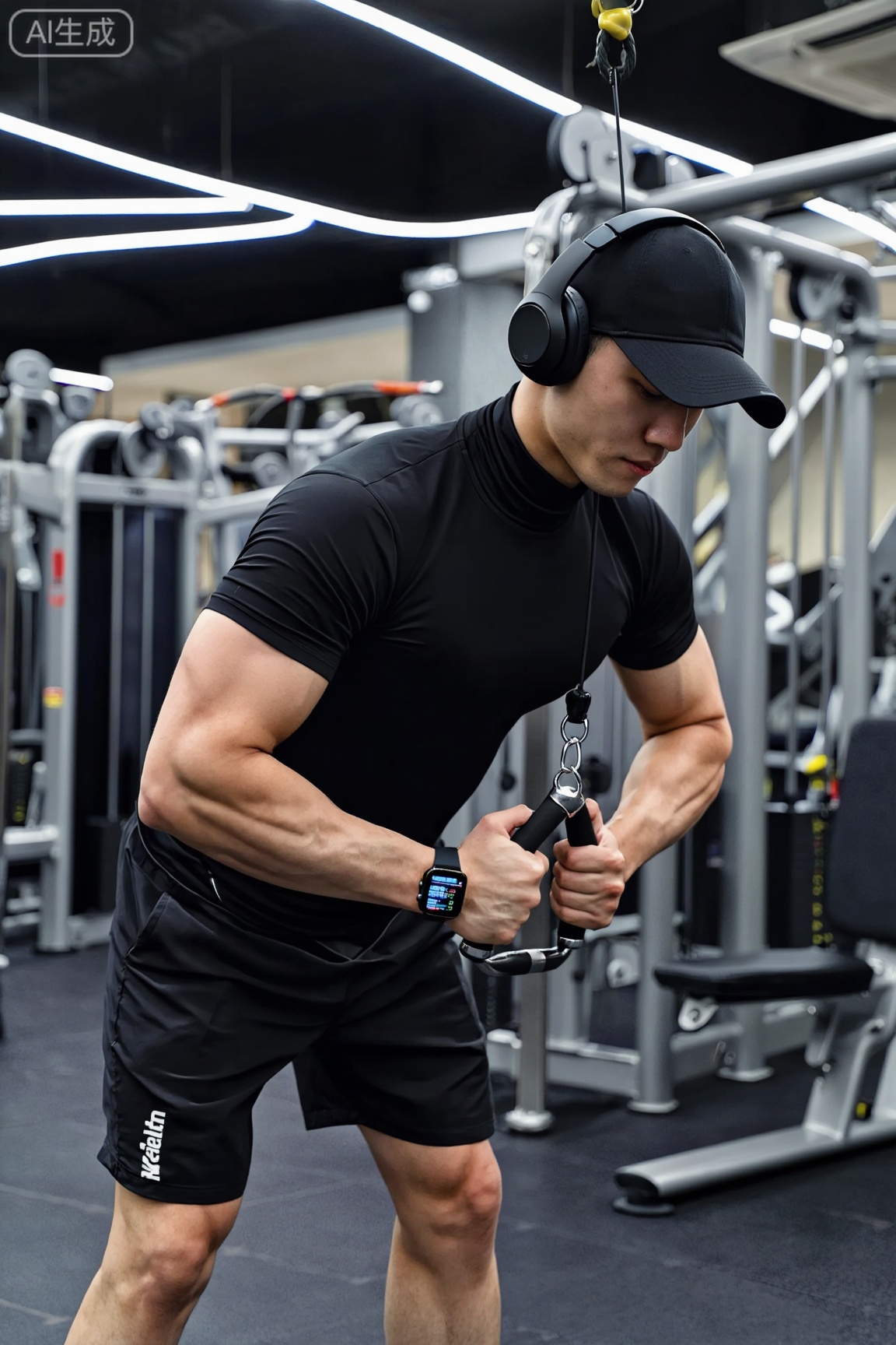 主体描述：一位年轻男性,约二十五至三十岁,身材精壮,肩宽背厚,肌肉线条分明但不夸张,面部轮廓清晰,短发整齐,佩戴黑色棒球帽与头戴式耳机,神情专注,目光低垂注视器械,嘴角微抿,展现出高度集中的训练状态。

穿着：身穿黑色高领紧身运动上衣,材质为透气弹力面料,贴合身体曲线,袖口与腰部有轻微收束设计；下身搭配黑色运动短裤,裤侧带有白色品牌标识,材质轻盈且具抗撕裂性；左手腕佩戴智能运动手表,表盘显示数据界面,整体造型简约而专业。

互动细节：双手紧握拉力器械手柄,手臂微屈,背部肌肉发力,身体前倾呈稳定姿态,正在执行下拉动作,动作标准且富有力量感,耳机线自然垂落,体现沉浸式训练体验。

场景：现代化高端健身房内部,以黑灰为主色调,地面为哑光防滑材质,背景可见多台金属健身器械,包括杠铃架、绳索机等,顶部装有长条形LED灯带,光线冷峻而均匀,空间宽敞整洁。

氛围：冷静、高效、充满自律气息,空气中弥漫着汗水与金属的微凉感,时间在专注中被压缩,每一下动作都承载着意志的重量。

灯光：主光源来自顶部平行LED灯带,形成冷白光环境光,辅以侧前方补光突出肌肉轮廓与服装质感,阴影柔和但层次分明,强调立体感与科技感。

后期处理：参考《Black Mirror》或《Men's Health》杂志风格,色调偏冷,对比度适中,增强金属质感与布料光泽,轻微锐化提升细节清晰度,保持画面干净无噪点。

质量保证：需排除肌肉比例失调、器械结构错位、耳机佩戴不自然、衣物褶皱AI伪影、背景模糊过度等问题,确保人体结构准确、光影逻辑一致、设备细节真实。