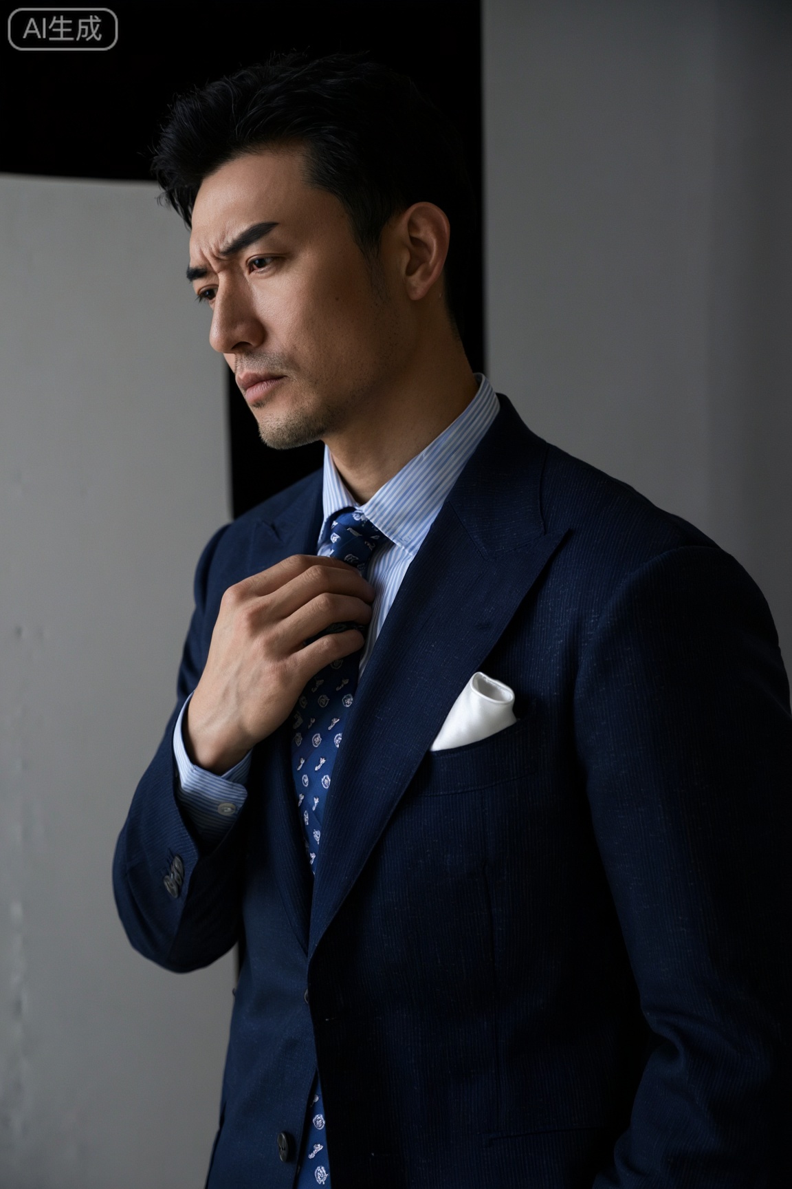主体描述：一位年约四十的东亚男性,侧身站立,头部微向右侧偏转,眉峰轻蹙,眼神沉静而略带思索,下颌处留有浅淡的胡茬,发丝为深黑色并带有自然纹理。
穿着：身着深海军蓝混纺羊毛西装,面料带有细微杂色肌理,内搭浅蓝细条纹棉质衬衫,系着同色系暗纹提花领带,西装胸袋中塞有纯白色丝质口袋巾,整体为经典商务正装风格。
互动细节：右手轻触西装驳领边缘,指尖微曲,身体姿态放松却保持着挺拔的线条,目光落向画面外的斜下方。
场景：纯黑背景的专业摄影棚内,无多余陈设,仅以简洁空间突出主体。
氛围：沉稳克制,带有成熟男性的内敛质感,空气静谧,聚焦于人物本身的情绪张力。
灯光：采用单光源硬光从左前方打亮,形成强烈明暗对比,面部右侧与颈部陷入深邃阴影,西装面料的肌理在高光处清晰显现,突出轮廓立体感。
后期处理：参考时尚杂志《GQ》人像风格,色彩偏冷调,锐度适中以保留织物纹理,添加轻微胶片颗粒感,增强质感,动态范围控制在自然区间。
质量保证：需排除西装褶皱伪影、胡茬纹理错乱、领带图案模糊、手部比例失调、面料材质失真等AI生成瑕疵。