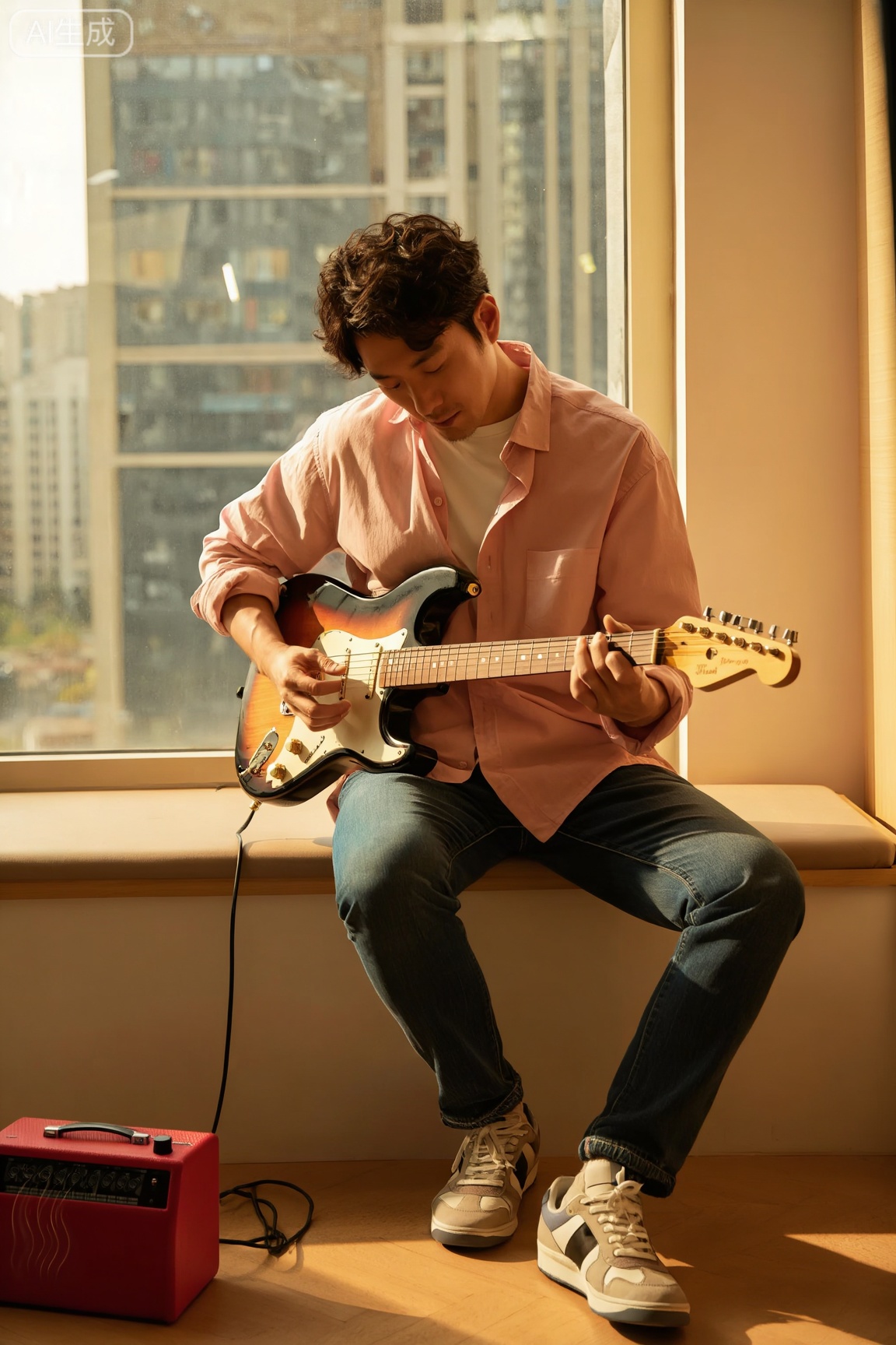 主体描述：一位三十岁左右的男性,面容清俊,短发微卷,向一侧梳理,神情专注而沉浸,双眼微垂注视琴弦,嘴唇轻抿,身体微微前倾,展现出演奏时的投入与情感流动。

穿着：身穿浅粉红色棉质长袖衬衫,衣领敞开,袖口自然翻折,内搭白色T恤,下身搭配深蓝色修身牛仔裤,脚穿米白与灰黑拼色运动鞋,整体造型兼具复古与现代感,休闲而不失格调。

互动细节：双手持电吉他,左手按弦于指板,右手拨动琴弦,动作流畅自然,吉他连接至地面小型红色音箱,线缆自然垂落,音波仿佛在空气中低吟,人物与乐器形成紧密的肢体与情绪联结。

场景：室内窗边空间,背景为城市高层建筑群,窗外光线柔和,玻璃略带反光,窗台为浅木色,下方放置一张低矮沙发,人物坐于其上,环境简洁明亮,充满都市生活气息。

氛围：温暖、私密、富有情感张力,空气中弥漫着吉他共鸣的余韵与阳光晒过的布料气息,时间在旋律中缓缓延展,呈现出一种独处中的艺术表达。

灯光：暖色调侧光从窗外斜射入室,形成金色轮廓光,照亮人物肩部与吉他表面,阴影柔和,突出衣物褶皱与金属旋钮光泽,整体光比适中,营造出黄昏般的温馨氛围。

后期处理：参考《InStyle》杂志影像风格,色调偏暖橙,强调光影层次与织物质感,轻微锐化提升吉他漆面与布料纹理,保持画面通透感,避免过度饱和导致色彩失真。

质量保证：需排除吉他结构错位、手指按弦不自然、音箱接线混乱、窗户反光异常、人物比例失调等问题,确保人体动作合理、乐器细节真实、光影逻辑一致。