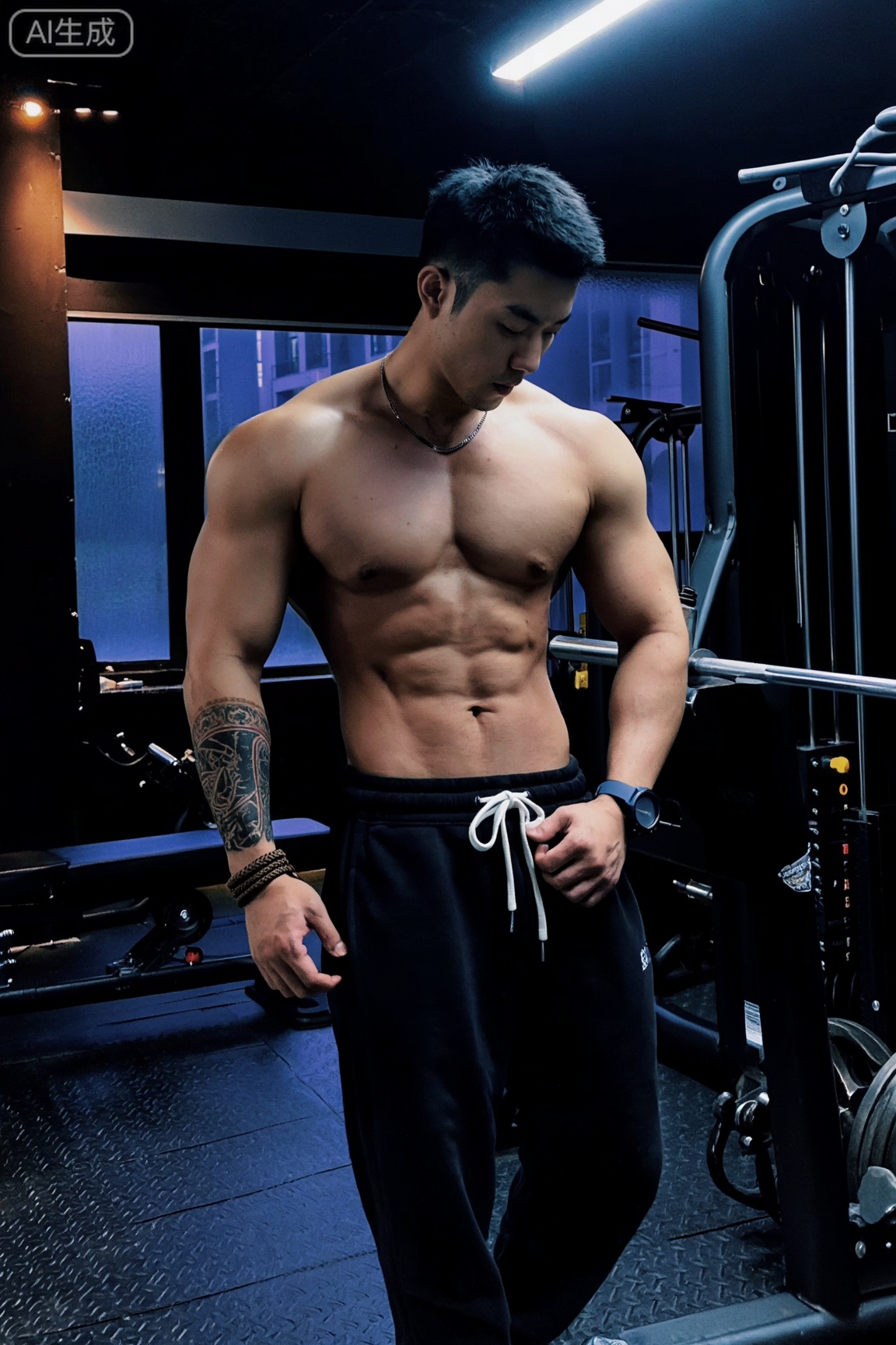 主体描述： 一位28 岁的东亚男性,侧身站立于器械旁,脊背微弓,低头垂眸,下颌线条紧绷,右臂可见大面积深色图腾纹身,肌肉轮廓分明且纹理清晰,展现长期健身的体态。穿着： 黑色棉质抽绳运动裤,裤脚宽松垂坠,腰间系着白色抽绳,手腕佩戴多串编织手链与一块深色表带运动腕表,脖颈处挂着细链金属项链。互动细节： 右手自然垂落轻触裤缝,左臂微曲倚靠身后的金属健身架,目光无意识聚焦于地面的器械阴影。场景： 深夜的工业风健身房,空间内陈列着黑色金属器械,背景是磨砂玻璃窗,窗外隐现城市建筑轮廓,地面铺有防滑橡胶垫。氛围： 沉静克制,空气中弥漫着汗水与器械冷冽金属的气息,节奏缓慢且充满力量感的独处时刻。灯光： 右侧冷调顶光与左侧暖调补光灯形成强烈明暗对比,高光勾勒肌肉轮廓,阴影覆盖背景区域,营造局部聚焦的戏剧感。后期处理： 参考《银翼杀手2049》的赛博朋克暗调风格,色调偏蓝紫冷色,增强皮肤纹理与布料质感,添加轻微胶片颗粒感,动态范围拉满保留暗部细节。质量保证： 需避免肌肉比例失调、纹身图案模糊、手链材质错乱、背景器械结构扭曲、面部光影过度生硬、文字元素乱码等瑕疵。