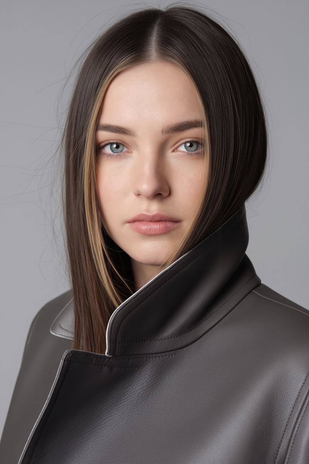 A professional model photograph of a dark haired brunette in a black high color jacket with a plain grey background with a...