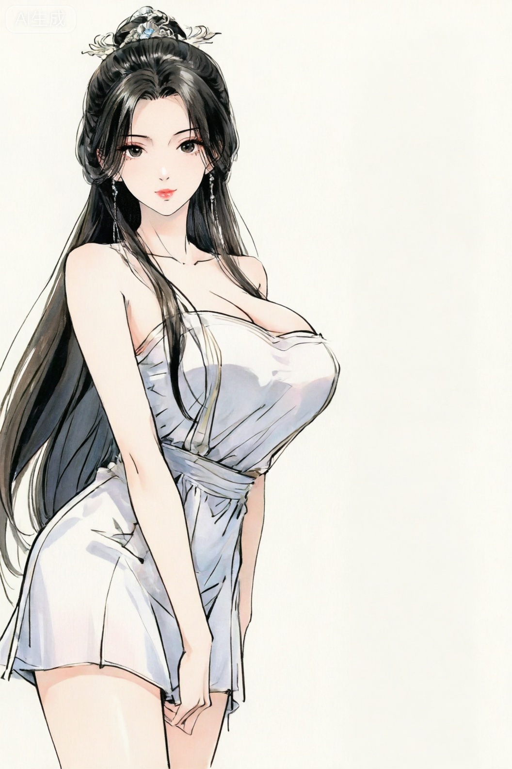 LDS画风, 一位长发女子,身穿白色短裙,头戴精致发饰,发丝柔顺披散。整体画面色调柔和,线条流畅。