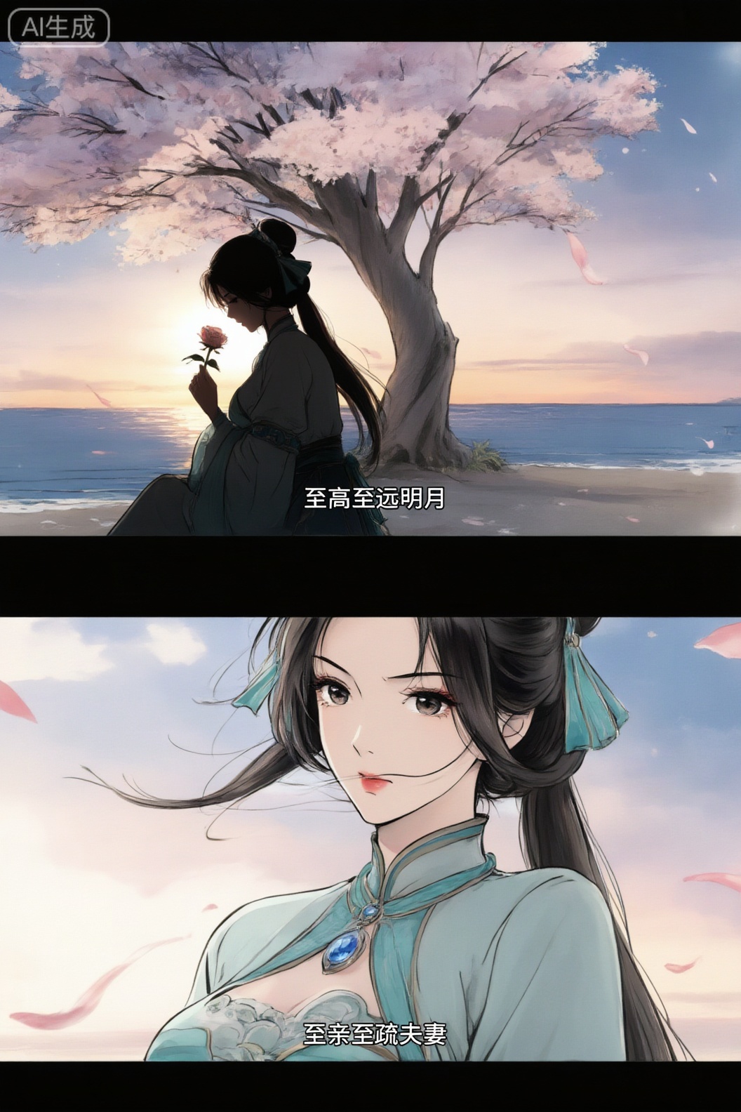 LDS画风,画面中是一位身穿淡青色古风服饰的女性角色,衣领与袖口饰有精致的蓝绿色丝带,胸前佩戴着镶嵌蓝色宝石的吊坠。
一组二宫格胶片质感艺术感写真图,场景为海边沙滩、天空、傍晚。 女人和脸不变。 第一张为图中人物的剪影,保持发型服装不变,倚靠在一颗巨大的樱花树下,右手持一朵玫瑰,低头闻着玫瑰花香,电影级光影效果,逆光,人物剪影。黄昏。场景中有些许零散的粉色花瓣飘落,极致细节,添加字幕“至高至远明月” 第二张为大特写,少女脸部位于画面偏左侧,风吹起头发,添加字幕“至亲至疏夫妻” , 二张图合成一个二宫格,字幕位于底部居中.