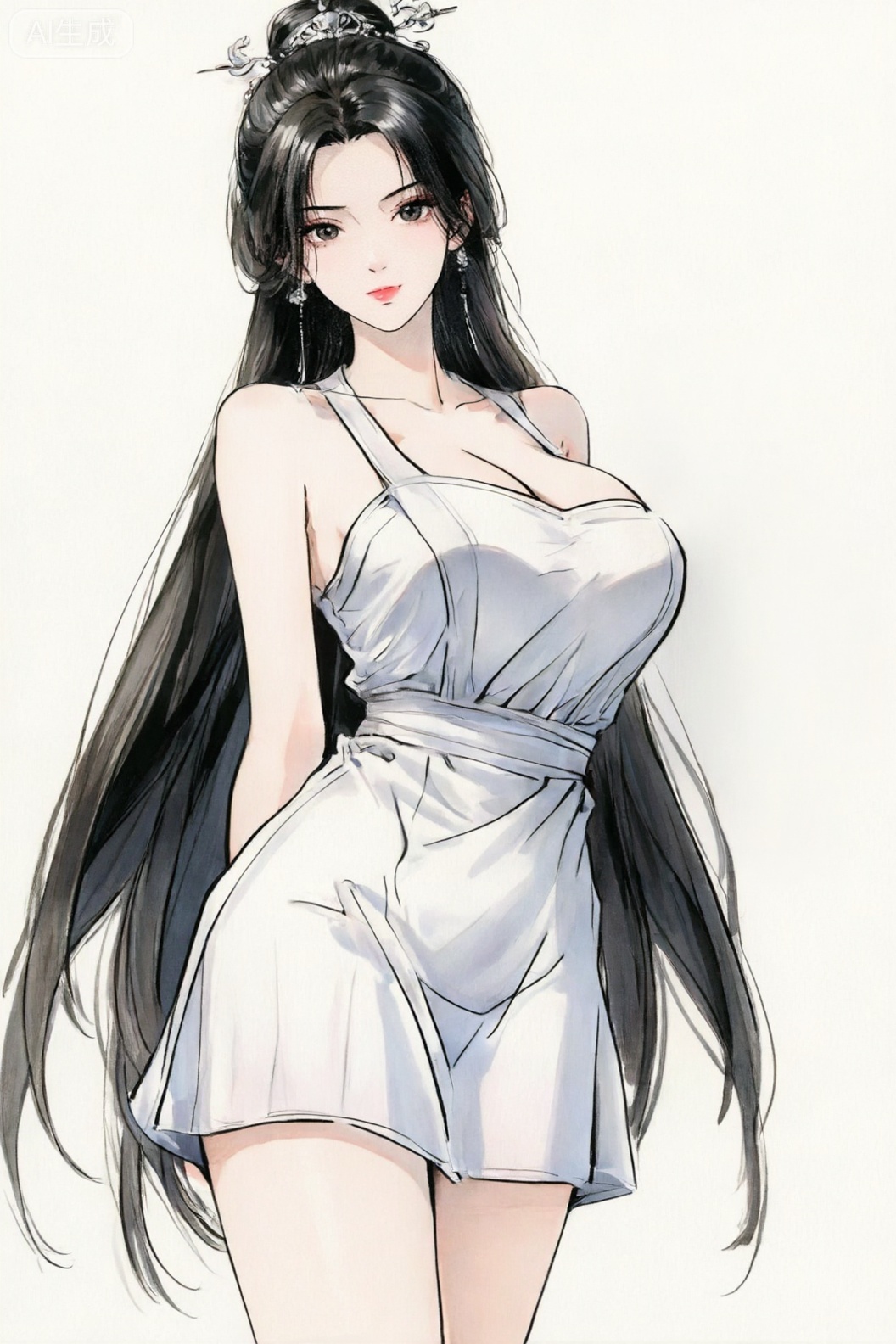 LDS画风, 一位长发女子,身穿白色短裙,头戴精致发饰,发丝柔顺披散。整体画面色调柔和,线条流畅。
