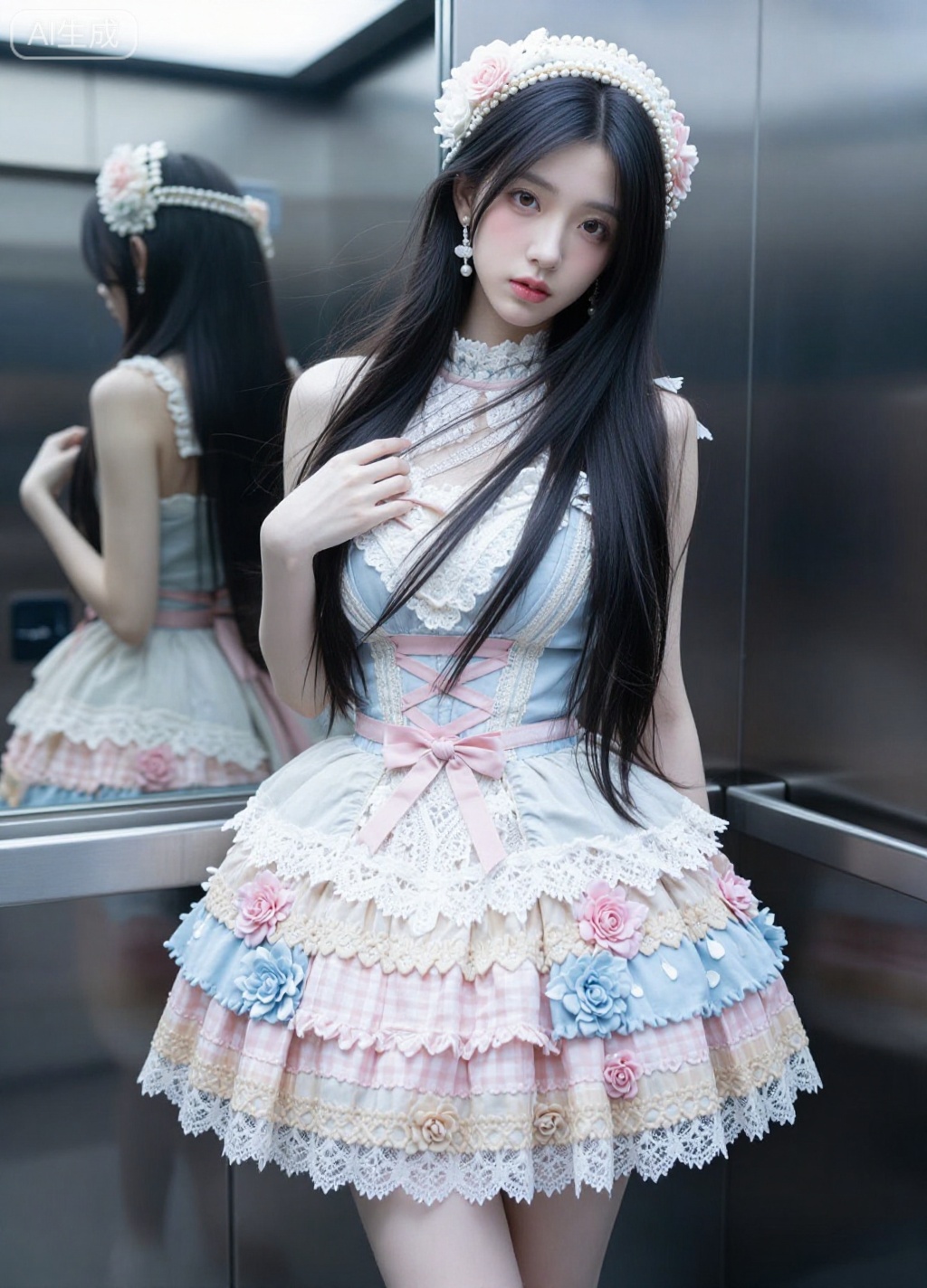 极其清晰,电影级画质。图像风格：运用极高光和纯白色营造视觉焦点,并利用对比鲜明的光影细节最大程度地增强情感张力,最终达到“强烈、锐利、层次分明”的视觉冲击力。图像内容：一头柔顺的长黑色头发,棕色大眼睛,实拍照片,真实,大师级画质,顶级品质,高品质,修长美腿,纤细双腿,1个女孩,只是随意抓拍。照片略有动态模糊,展现了野性之美,精致的五官,纤瘦的脸庞,大眼睛,挺鼻梁,樱桃小嘴,尖下巴,纤细的模特身材,超高美感,空灵飘逸,自然清新,宛若月光下,发饰,耳环,楚楚,一丝幸福感,优先考虑高分和点赞,视觉冲击力强,略带疲惫,依赖,轻抚肩膀,**,不舍地出现,照片,超长头发散开遮住脸颊和胸部,穿着衣服,纤瘦却自信的身材,8K超高清,正面照,镜子,电梯- 高领裙子：主色调为浅蓝色、浅粉色和米色,采用多层次复杂设计。裙身饰有立体花朵、蕾丝,并拼接粉米格子面料。腰部饰有粉色交叉绑带和蝴蝶结。裙子层次丰富,尽显华丽精致之感。——配饰：搭配饰有珍珠和鲜花的头饰,与裙子的风格相呼应。整体造型充满洛丽塔服饰的奢华与梦幻气息。