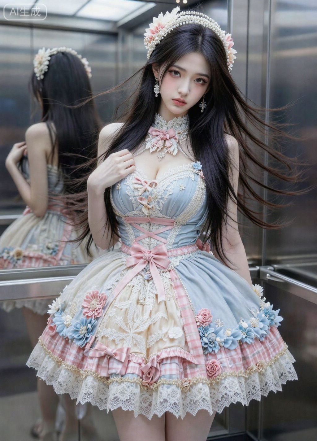 极其清晰,电影级画质。图像风格：运用极高光和纯白色营造视觉焦点,并利用对比鲜明的光影细节最大程度地增强情感张力,最终达到“强烈、锐利、层次分明”的视觉冲击力。图像内容：一头柔顺的长黑色头发,棕色大眼睛,实拍照片,真实,大师级画质,顶级品质,高品质,修长美腿,纤细双腿,1个女孩,只是随意抓拍。照片略有动态模糊,展现了野性之美,精致的五官,纤瘦的脸庞,大眼睛,挺鼻梁,樱桃小嘴,尖下巴,纤细的模特身材,超高美感,空灵飘逸,自然清新,宛若月光下,发饰,耳环,楚楚,一丝幸福感,优先考虑高分和点赞,视觉冲击力强,略带疲惫,依赖,轻抚肩膀,**,不舍地出现,照片,超长头发散开遮住脸颊和胸部,穿着衣服,纤瘦却自信的身材,8K超高清,正面照,镜子,电梯- 高领裙子：主色调为浅蓝色、浅粉色和米色,采用多层次复杂设计。裙身饰有立体花朵、蕾丝,并拼接粉米格子面料。腰部饰有粉色交叉绑带和蝴蝶结。裙子层次丰富,尽显华丽精致之感。——配饰：搭配饰有珍珠和鲜花的头饰,与裙子的风格相呼应。整体造型充满洛丽塔服饰的奢华与梦幻气息。