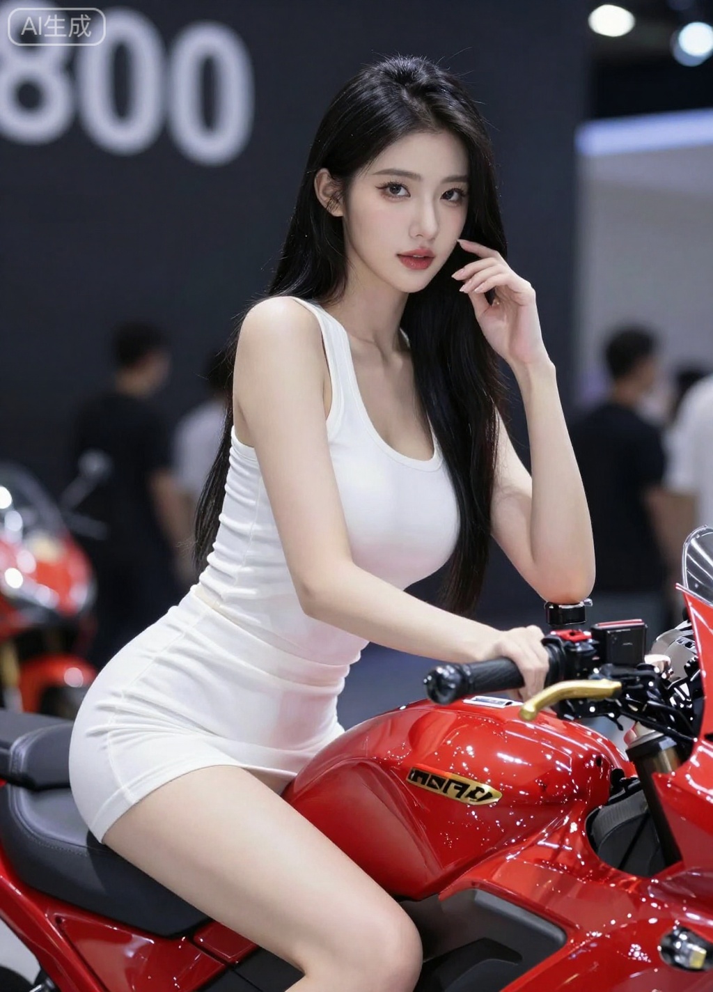 一位容貌姣好的年輕亞裔女性,年齡估計在二十歲出頭到二十五歲之間,擁有一頭烏黑亮麗的長直發,正凝視著鏡頭,她坐在一輛鮮豔的紅色摩托車上,穿著一件貼身的白色無袖背心和配套的迷你裙,完美展現了她的曼妙身姿,她膚色白皙,肌膚細膩柔滑,神態嫵媚動人,帶著一絲不易察覺的自信,她一手輕輕撫過臉頰,指尖輕觸臉頰,另一手隨意地搭在摩托車的車把上,這輛摩托車造型時尚現代,金屬光澤閃耀,背景是展覽或展廳的場景,深色背景上隱約可見模糊的人影和數字「800},畫面光線明亮,主體被照亮,與虛化的背景形成對比,這幅中景照片將女性和摩托車完美地框入畫面,突顯了她的美麗,照片整體氛圍精緻優雅,摩托車和女子姿態傳遞出一種活力,照片帶有商業氣息,或許是宣傳照,
