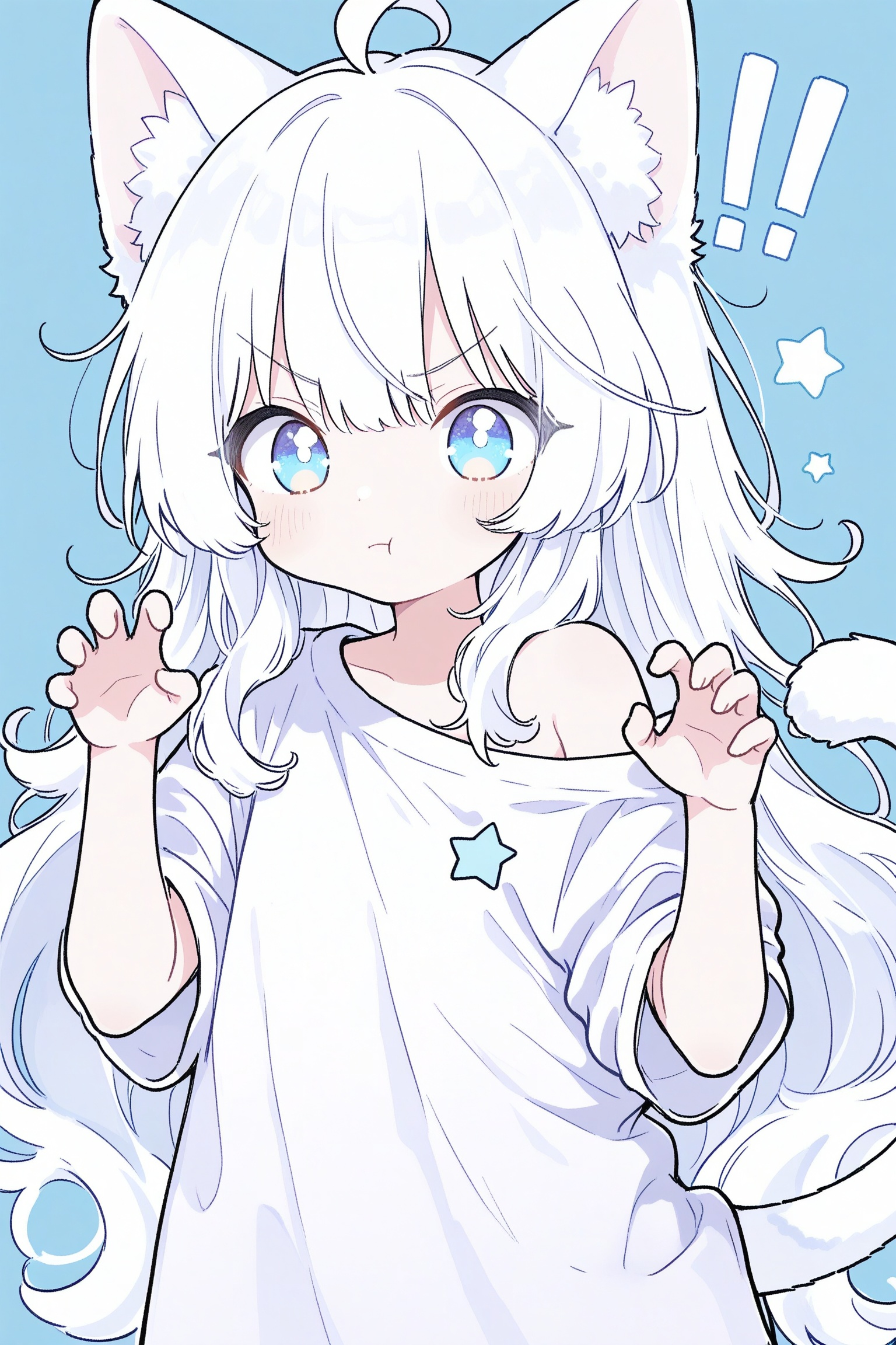 loli, 1girl, solo, long hair, looking at viewer, blush, bangs, blue eyes, simple background, shirt, animal ears, very long hair, closed mouth, tail, white shirt, ahoge, white hair, short sleeves, cat ears, off shoulder, star \(symbol\), v-shaped eyebrows, cat tail, animal ear fluff, hands up, blue background, cat girl, !, :t, pout, claw pose, !!, oversized shirt