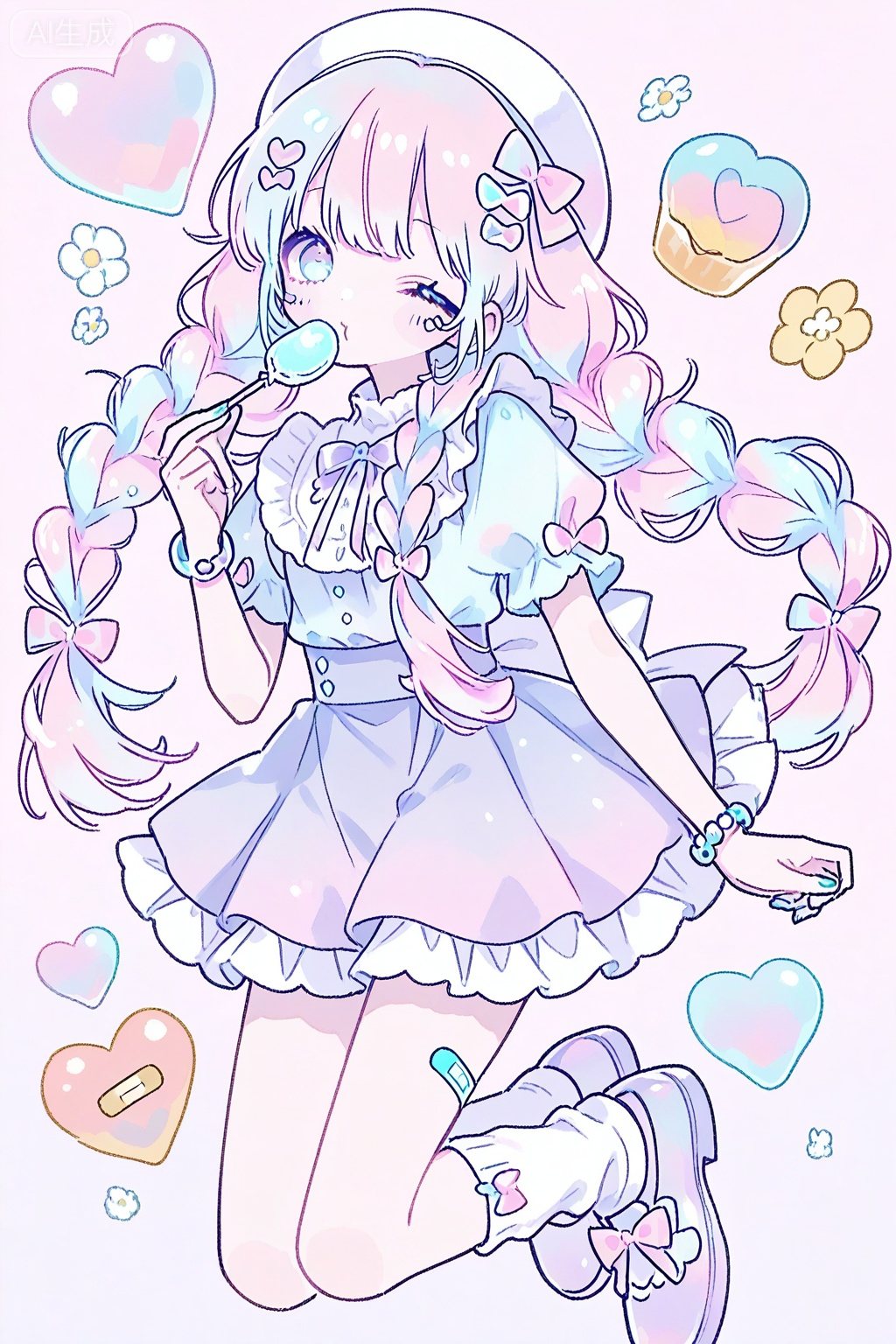 beat,best,1girl, solo, long hair, looking at viewer, blue eyes, skirt, hair ornament, hat, bow, holding, jewelry, blue hair, pink hair, purple hair, braid, flower, hair bow, heart, multicolored hair, frills, one eye closed, food, shoes, socks, nail polish, twin braids, bracelet, white socks, bandaid, pastel colors