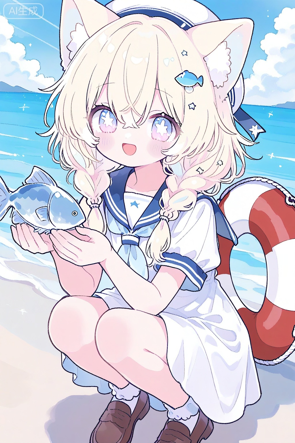 1girl, :d, animal ear fluff, animal ears, blonde hair, blue neckerchief, blue sailor collar, blue sky, blush, braid, brown shoes, cat ears, cat girl, cloud, day, dress, fish hair ornament, hair between eyes, hair ornament, hat, holding, lifebuoy hair ornament, long hair, looking at viewer, mismatched pupils, neckerchief, ocean, open mouth, outdoors, pink eyes, sailor collar, sailor dress, shoes, short sleeves, sky, smile, solo, squatting, star-shaped pupils, star \(symbol\), star hair ornament, symbol-shaped pupils, twin braids, white dress, white hat