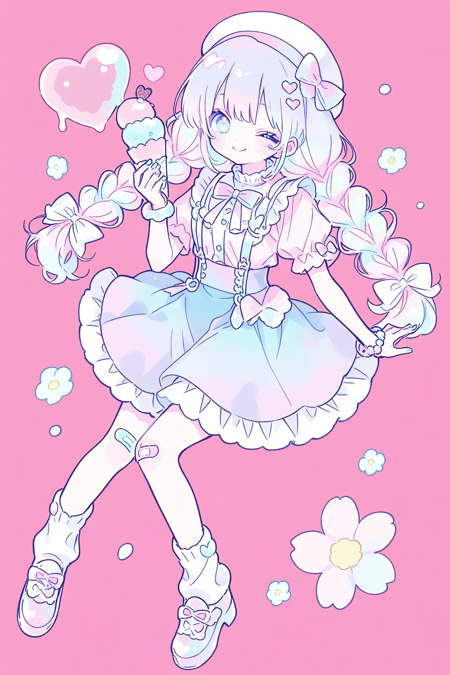 beat,best,1girl, solo, long hair, looking at viewer, blue eyes, skirt, hair ornament, hat, bow, holding, jewelry, blue hair, pink hair, purple hair, braid, flower, hair bow, heart, multicolored hair, frills, one eye closed, food, shoes, socks, nail polish, twin braids, bracelet, white socks, bandaid, pastel colors