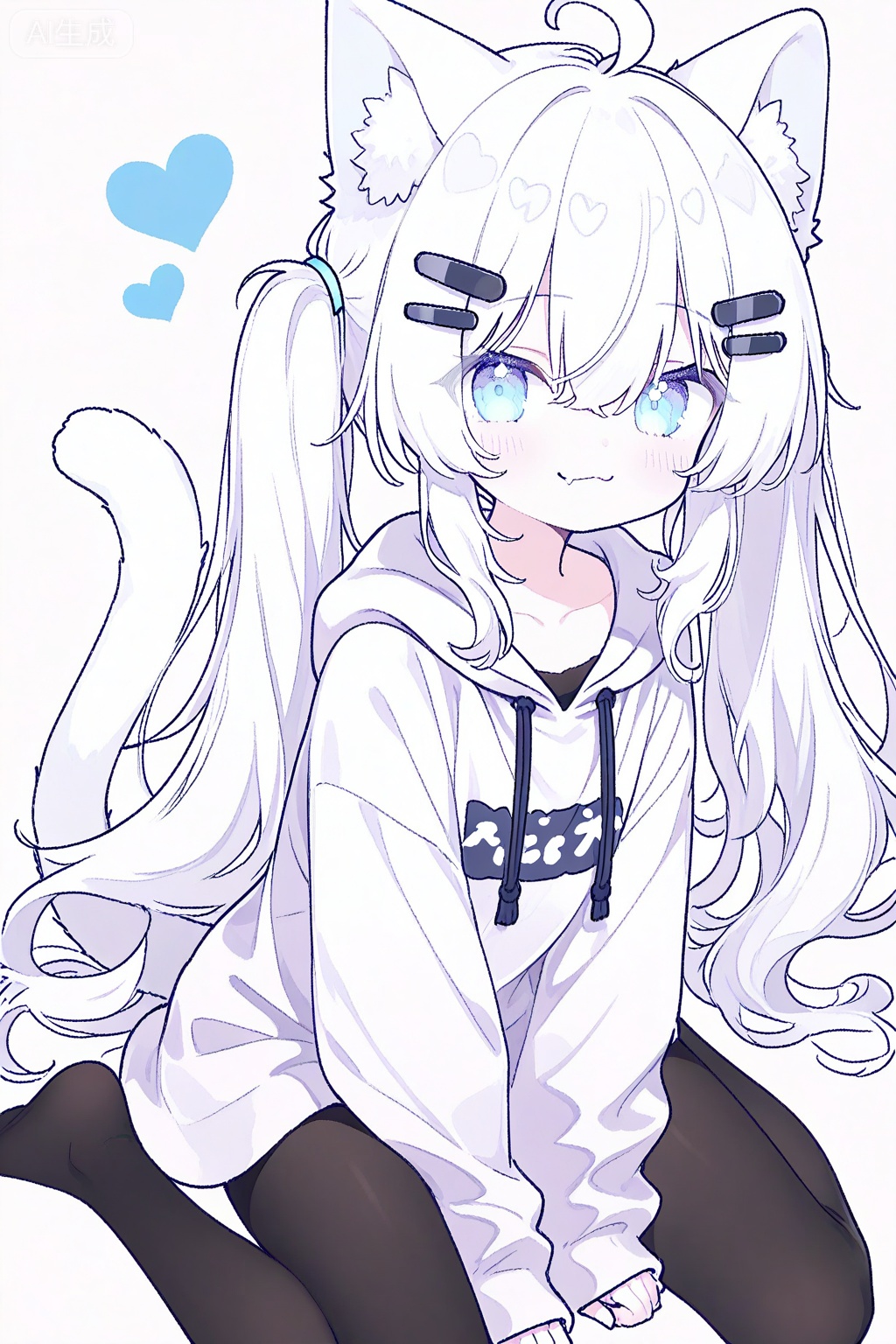 1girl, solo, long hair, looking at viewer, blush, smile, bangs, blue eyes, simple background, hair ornament, long sleeves, white background, animal ears, hair between eyes, twintails, sitting, closed mouth, collarbone, tail, ahoge, white hair, heart, pantyhose, hairclip, cat ears, hood, cat tail, animal ear fluff, sleeves past wrists, black pantyhose, hoodie, :3, wariza, no shoes, hood down, cat girl, clothes writing, between legs, hand between legs, drawstring, fang out, white hoodie
