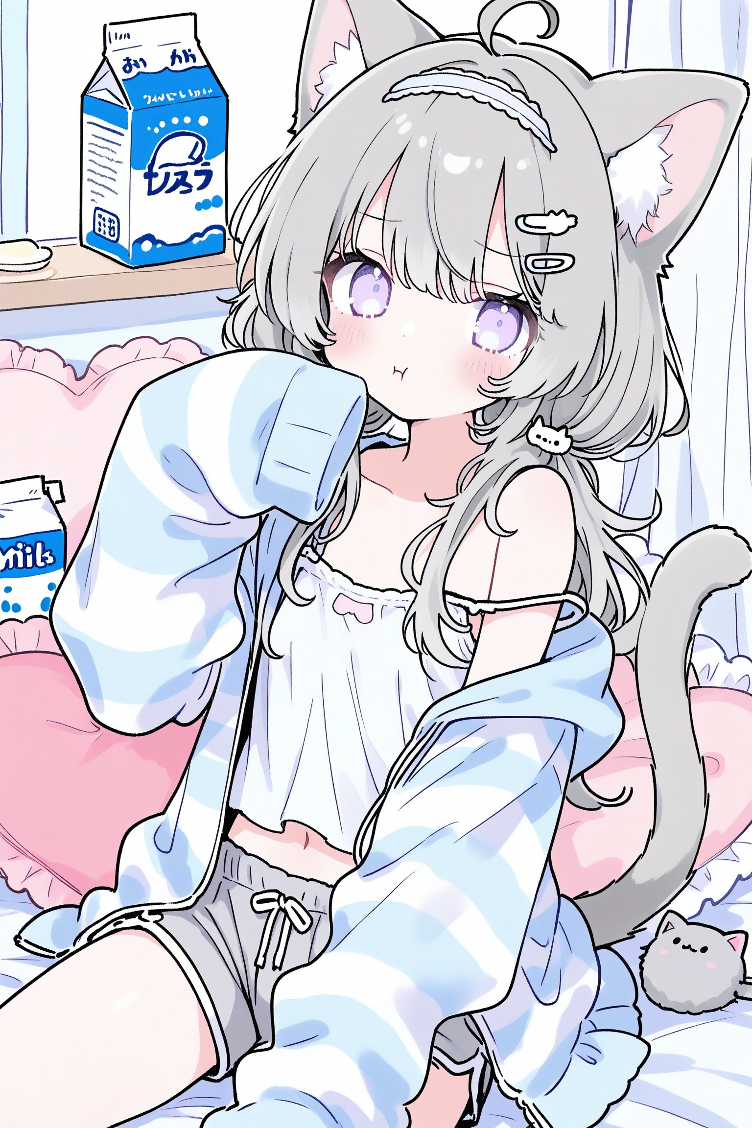 1girl, :t, ahoge, animal ears, blush, camisole, cat ears, cat girl, cat tail, closed mouth, dolphin shorts, food, frilled pillow, frills, grey hair, grey shorts, hair ornament, hairband, hairclip, heart, heart-shaped pillow, hood, hood down, hoodie, jacket, long sleeves, looking at viewer, low twintails, milk carton, navel, open clothes, open hoodie, open jacket, partially unzipped, paw hair ornament, pillow, purple eyes, ribbon, short shorts, shorts, sitting, sleeves past fingers, sleeves past wrists, spaghetti strap, strap slip, striped clothes, striped jacket, tail, twintails, white camisole