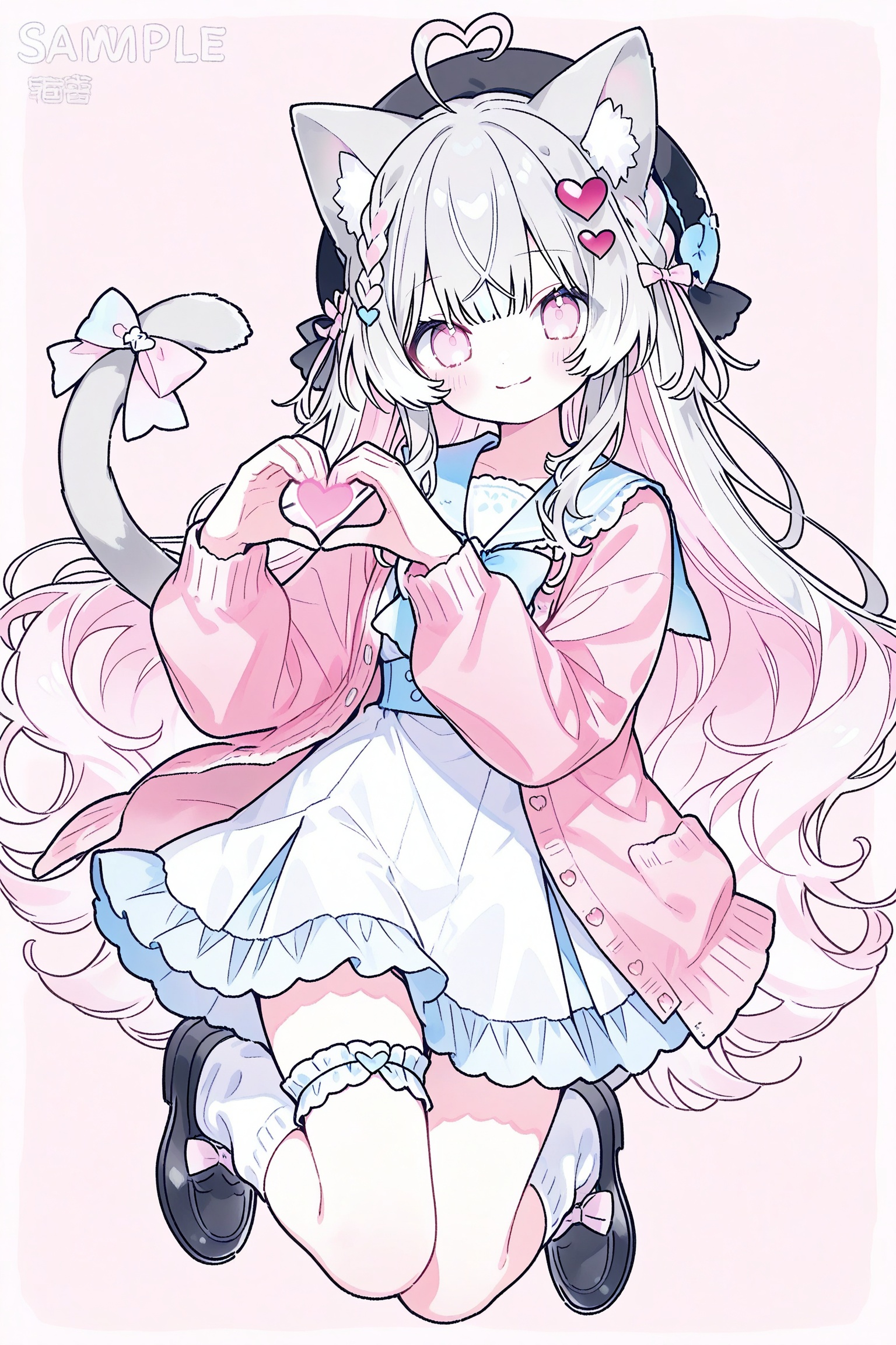1girl, ahoge, animal ear fluff, animal ears, beret, blue bow, blush, bow, bowtie, braid, cardigan, cat ears, cat girl, cat tail, closed mouth, dress, frilled dress, frilled thigh strap, frills, full body, grey hair, hair ornament, hat, heart, heart ahoge, heart hair ornament, heart hands, jacket, long hair, long sleeves, looking at viewer, multicolored hair, open cardigan, open clothes, open jacket, pink bow, pink eyes, pink hair, pink jacket, sailor collar, sample watermark, shoes, simple background, smile, socks, solo, tail, tail bow, tail ornament, thigh strap, very long hair, virtual youtuber, watermark, white background, white dress, white hair, white socks