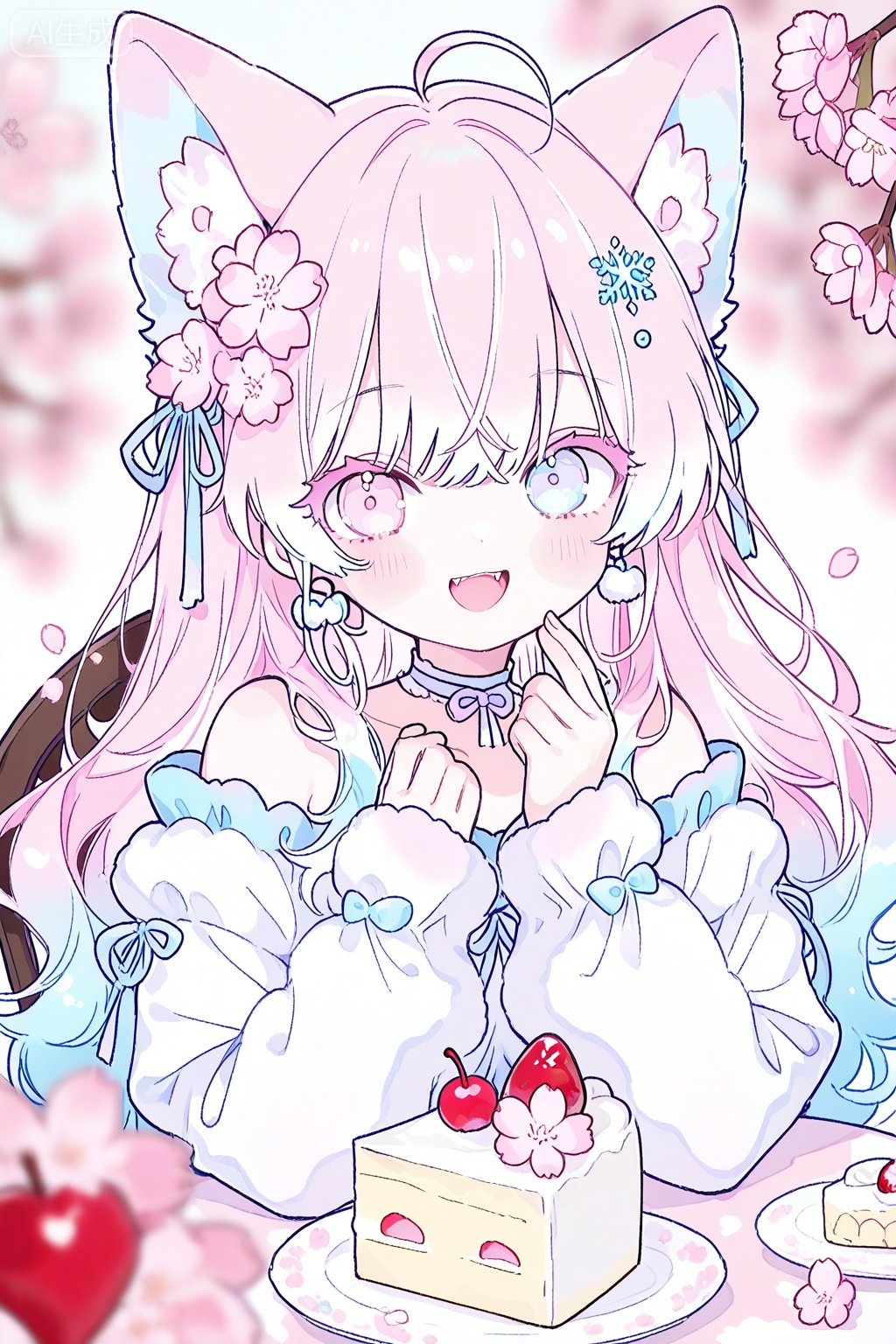1girl, cake,, strawberry, food, animal ears, blue eyes, pink hair, multicolored hair, pink eyes, white hair, jewelry, hair ornament, gradient hair, choker, long hair, animal ear fluff, strawberry shortcake, ribbon, heterochromia, fangs, earrings, solo, off shoulder, ahoge, pom pom \(clothes\), flower, blue choker, fruit, colored tips, cherry blossoms, flower earrings, ribbon choker, frills, off-shoulder shirt, looking at viewer, blurry, extra ears, bare shoulders, smile, open mouth, wolf ears, dress, long sleeves, hair flower, blush, shirt, blurry background, pom pom earrings, sleeves past wrists, collarbone, pink choker, white shirt, sitting, pink flower, blue ribbon, chair, depth of field, table, off-shoulder dress, white dress, plate, cake slice, snowflake hair ornament, wolf girl, bow choker, :d, tassel, pink ribbon,(pink eyelashes:1.2), ,high contrast, vibrant colors, light and shadow effects,depth of field,, ,masterpiece, best quality, amazing quality, very aesthetic, high resolution, ultra-detailed, absurdres, newest, scenery,,transparent,,,multicolored hair,streaked hair,colorful,gradient hair,