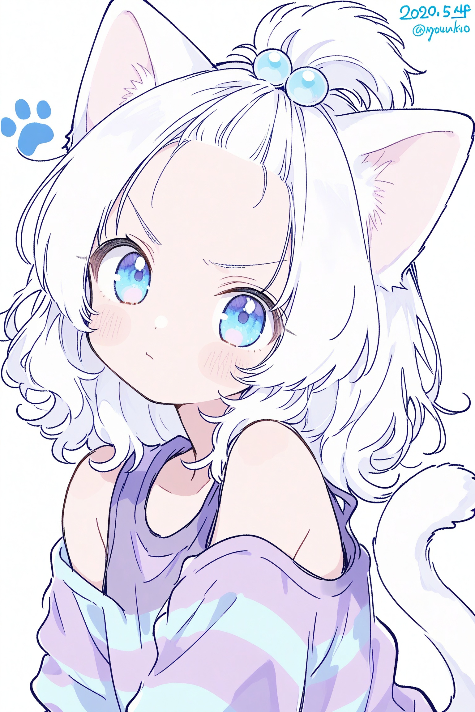1girl, animal ears, bare shoulders, blue eyes, blue shirt, blush, cat ears, cat girl, cat tail, closed mouth, dated,, hair bobbles, hair ornament, paw print, purple shirt, shirt, simple background, solo, striped clothes, striped shirt, tail, topknot, twitter username, two-tone shirt, upper body, v-shaped eyebrows, white background, white hair,forehead
