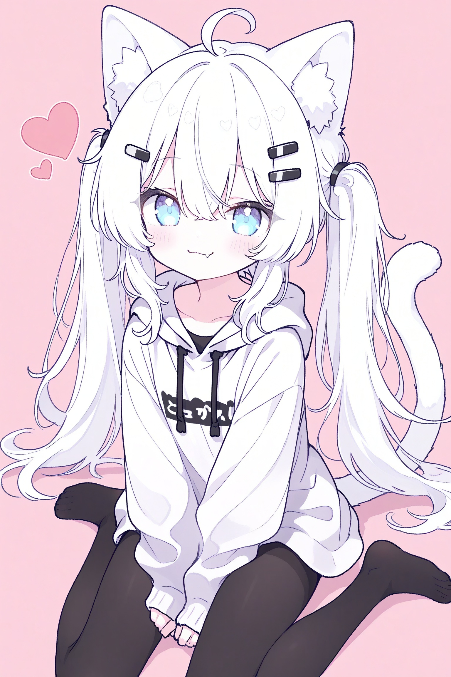 1girl, solo, long hair, looking at viewer, blush, smile, bangs, blue eyes, simple background, hair ornament, long sleeves, white background, animal ears, hair between eyes, twintails, sitting, closed mouth, collarbone, tail, ahoge, white hair, heart, pantyhose, hairclip, cat ears, hood, cat tail, animal ear fluff, sleeves past wrists, black pantyhose, hoodie, :3, wariza, no shoes, hood down, cat girl, clothes writing, between legs, hand between legs, drawstring, fang out, white hoodie
