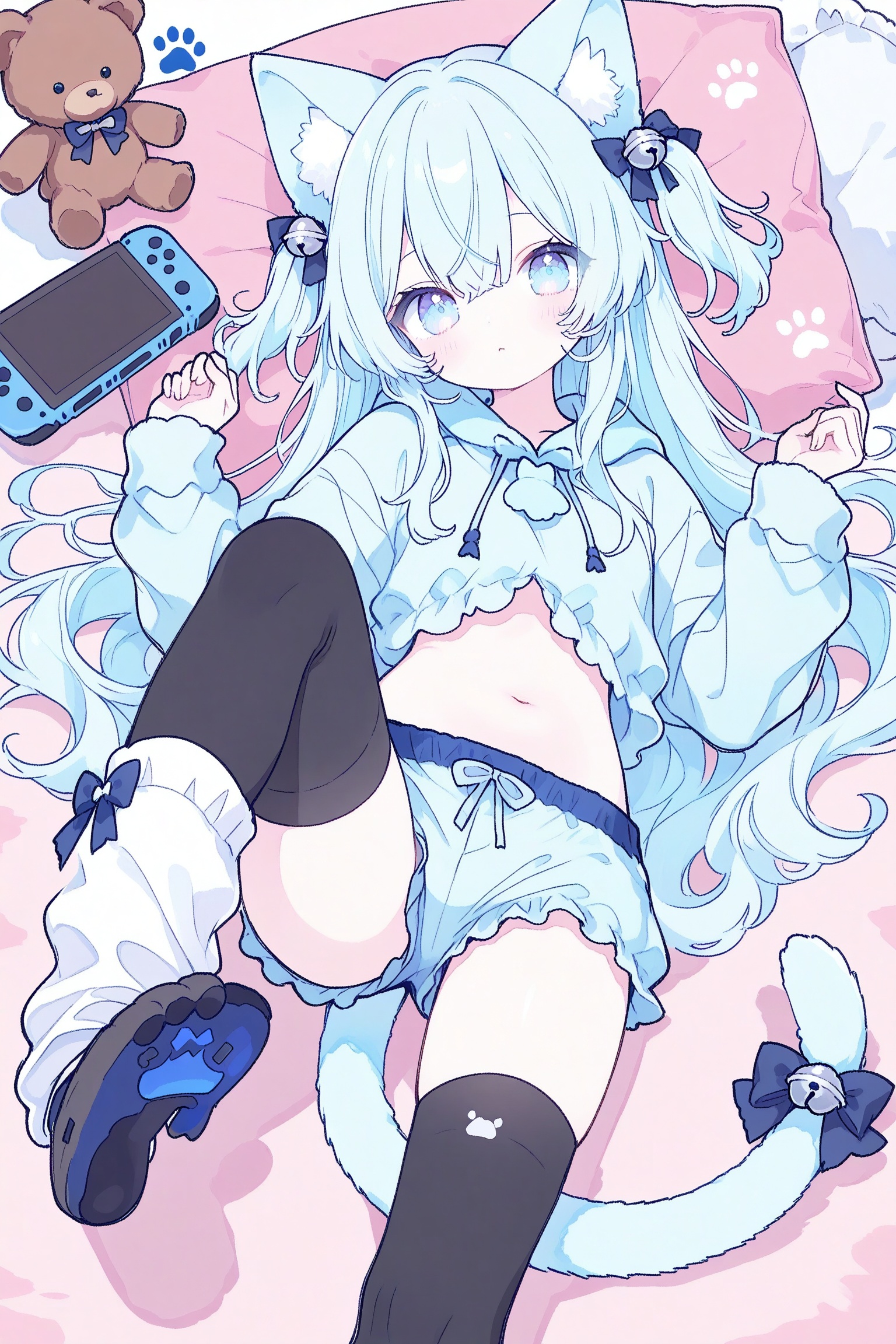1girl, animal ear fluff, animal ears, bell, blue eyes, blue hair, blue hoodie, blue shorts, blue tail, bow, cat ears, cat girl, cat tail, controller, frilled shorts, frills, game controller, hair ornament, handheld game console, hood, hoodie, leg warmers, long hair, looking at viewer, lying, on stomach, paw print, pillow, shorts, soles, solo, stuffed animal, stuffed toy, tail, tail bell, tail ornament, teddy bear, thighhighs, two side up