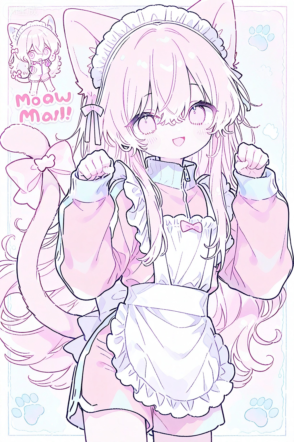 1other, androgynous, animal ears, apron, blush, bow, cat ears, cat girl, cat tail, chibi, cowboy shot, english text, frilled apron, frills, jacket, kemonomimi mode, long hair, long sleeves, maid, maid apron, maid headdress, open mouth, other focus, pastel colors, paw pose, pink bow, pink eyes, pink hair, pink jacket, pink shorts, pink theme, shorts, sidelocks, smile, tail, tail bow, tail ornament, track jacket, turtleneck, turtleneck jacket, unconventional maid, white apron