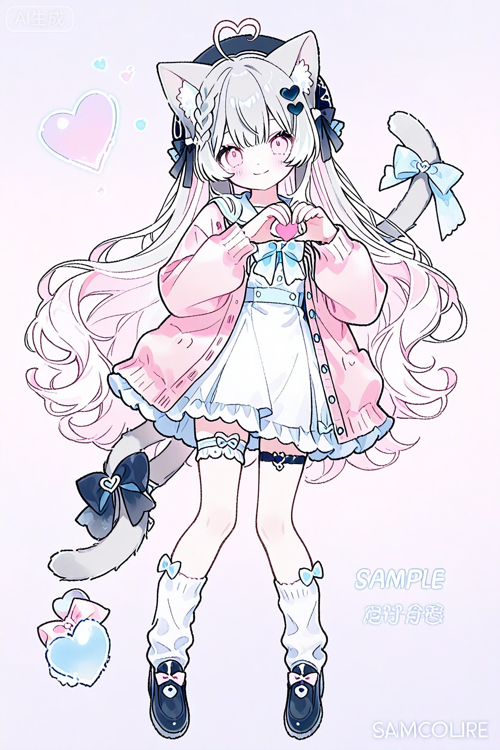 1girl, ahoge, animal ear fluff, animal ears, beret, blue bow, blush, bow, bowtie, braid, cardigan, cat ears, cat girl, cat tail, closed mouth, dress, frilled dress, frilled thigh strap, frills, full body, grey hair, hair ornament, hat, heart, heart ahoge, heart hair ornament, heart hands, jacket, long hair, long sleeves, looking at viewer, multicolored hair, open cardigan, open clothes, open jacket, pink bow, pink eyes, pink hair, pink jacket, sailor collar, sample watermark, shoes, simple background, smile, socks, solo, tail, tail bow, tail ornament, thigh strap, very long hair, virtual youtuber, watermark, white background, white dress, white hair, white socks