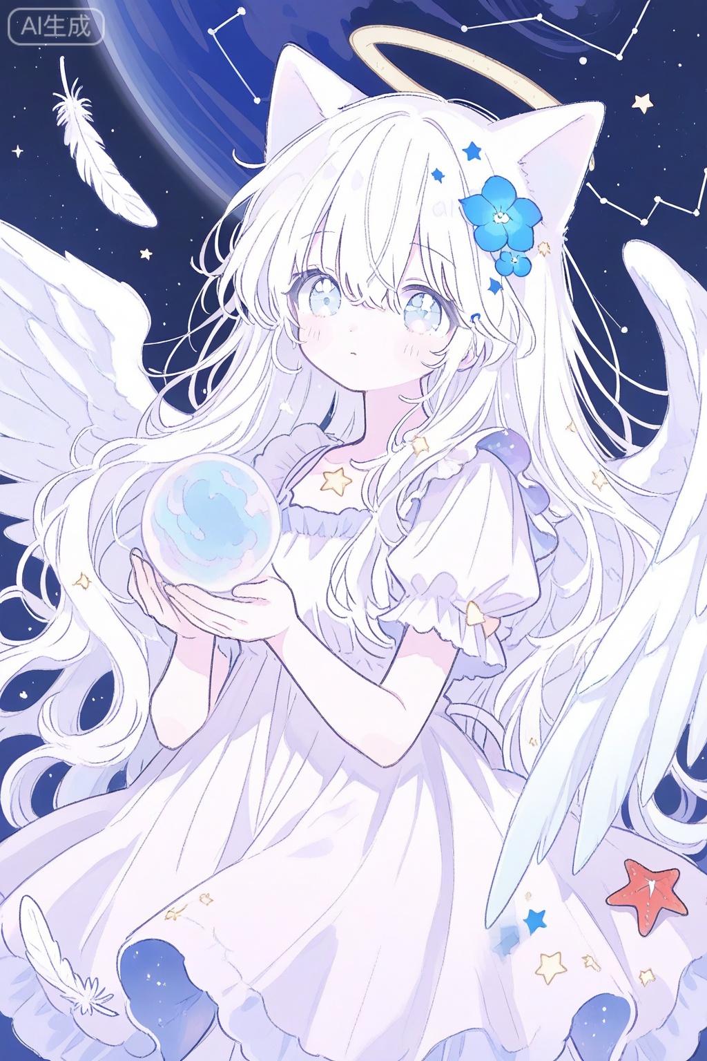 1girl, ((cat ears)) angel, angel_wings, blue_eyes, blue_flower, constellation, crescent, cross, dress, feathered_wings, flower, hair_between_eyes, hair_ornament, halo, long_hair, looking_at_viewer, planet, solo, star_\(sky\), star_\(symbol\), star_hair_ornament, star_print, starfish, starry_background, starry_sky, very_long_hair, white_feathers, white_hair, white_wings, wings 

