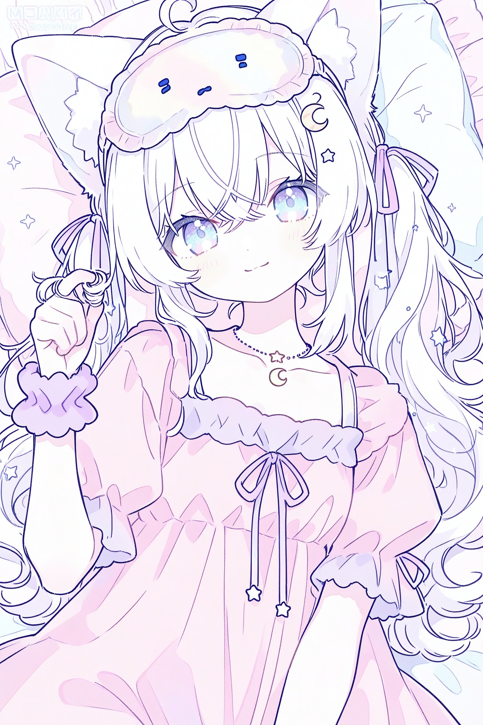 1girl, ahoge, animal ear fluff, animal ears, artist logo, babydoll, blue eyes, cat ears, cat girl, cat hair ornament, closed mouth, collarbone, crescent, crescent hair ornament, crescent necklace, crossed bangs, dress, dutch angle, frilled babydoll, frilled sleeves, frills, hair ornament, hair ribbon, hairclip, head tilt, jewelry, light blush, logo, long hair, looking at viewer, necklace, nightgown, pajamas, pastel colors, pillow, pink babydoll, pink dress, pink nightgown, puffy short sleeves, puffy sleeves, purple ribbon, purple scrunchie, ribbon, scrunchie, short sleeves, sleep mask, smile, solo, sparkle, sparkling aura, star \(symbol\), star hair ornament, threads username, twintails, twirling hair, upper body, virtual youtuber, watermark, white hair, wrist scrunchie