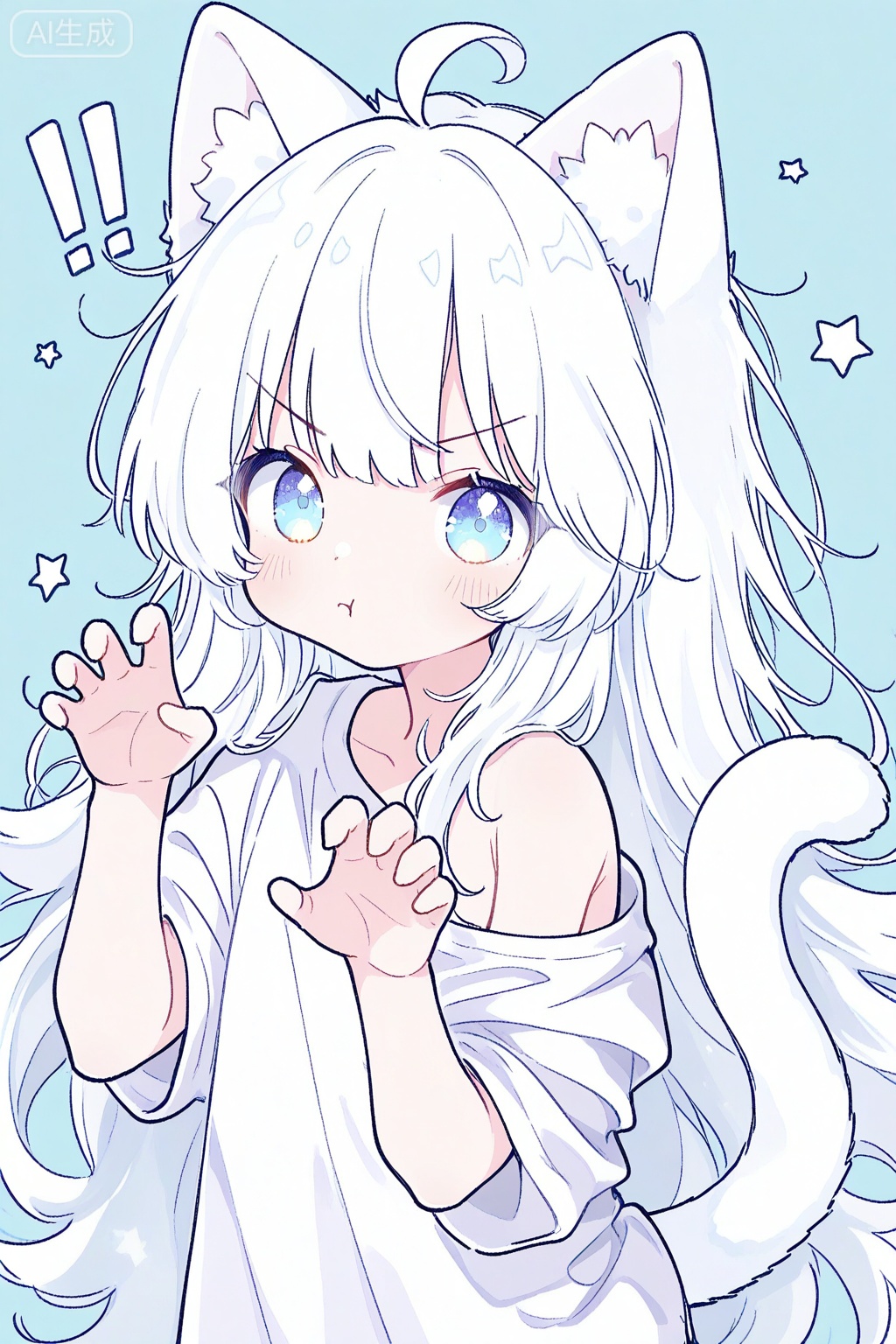 loli, 1girl, solo, long hair, looking at viewer, blush, bangs, blue eyes, simple background, shirt, animal ears, very long hair, closed mouth, tail, white shirt, ahoge, white hair, short sleeves, cat ears, off shoulder, star \(symbol\), v-shaped eyebrows, cat tail, animal ear fluff, hands up, blue background, cat girl, !, :t, pout, claw pose, !!, oversized shirt