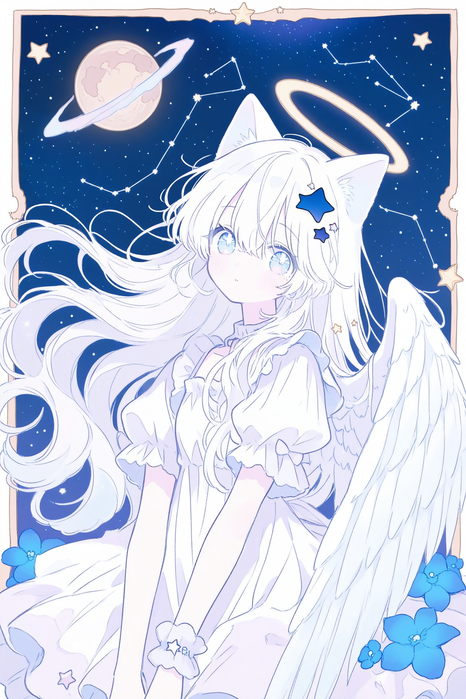 1girl, ((cat ears)) angel, angel_wings, blue_eyes, blue_flower, constellation, crescent, cross, dress, feathered_wings, flower, hair_between_eyes, hair_ornament, halo, long_hair, looking_at_viewer, planet, solo, star_\(sky\), star_\(symbol\), star_hair_ornament, star_print, starfish, starry_background, starry_sky, very_long_hair, white_feathers, white_hair, white_wings, wings 

