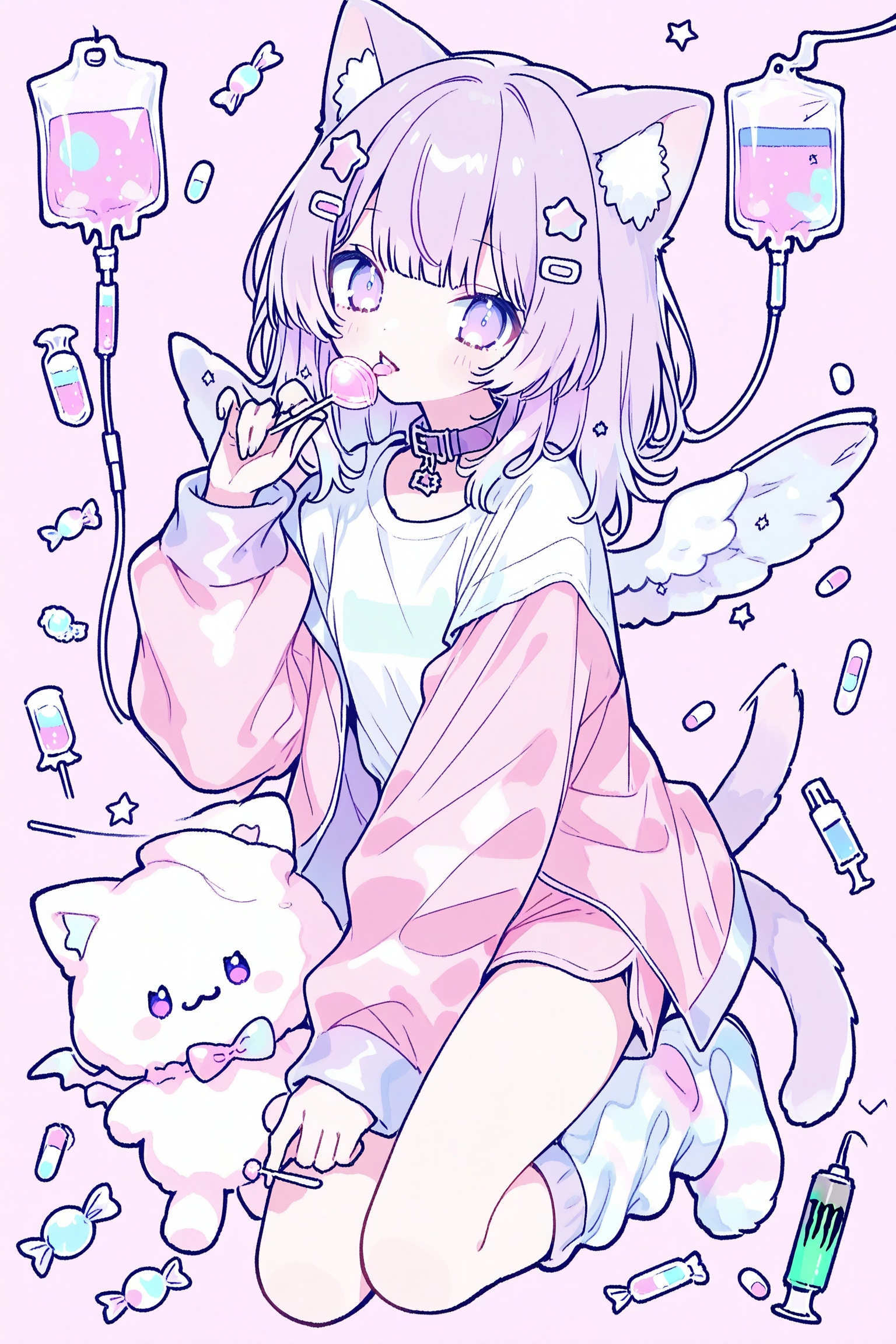 1girl, animal collar, animal ear fluff, animal ears, candy, cat ears, cat girl, cat tail, collar, food, hair ornament, holding, holding candy, holding food, holding lollipop, intravenous drip, jacket, lollipop, loose socks, monster energy, pill, pink shorts, purple eyes, purple hair, shirt, shorts, socks, solo, star \(symbol\), star hair ornament, stuffed animal, stuffed toy, syringe, t-shirt, tail, virtual youtuber, white shirt, wings, yume kawaii