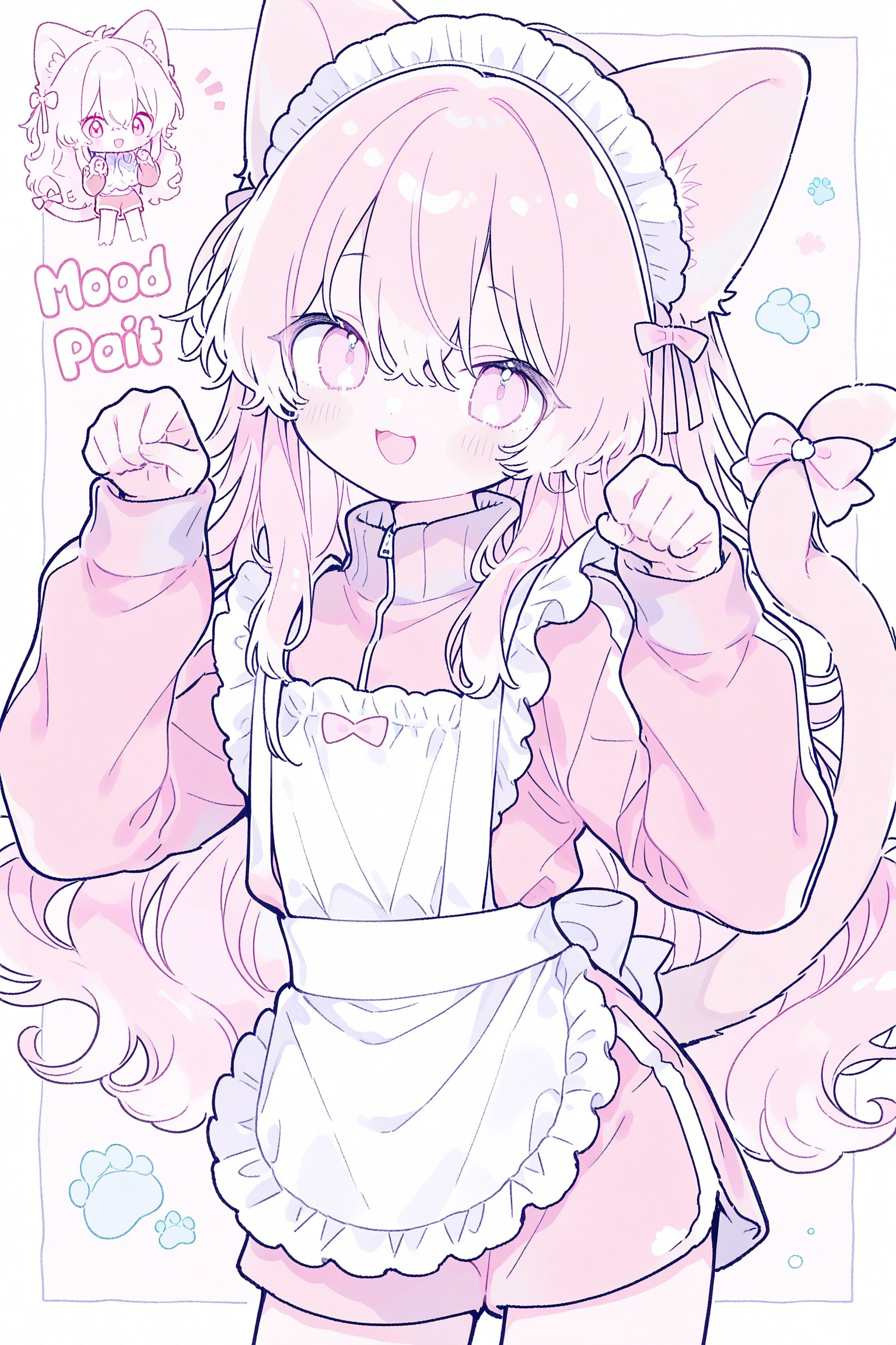 1other, androgynous, animal ears, apron, blush, bow, cat ears, cat girl, cat tail, chibi, cowboy shot, english text, frilled apron, frills, jacket, kemonomimi mode, long hair, long sleeves, maid, maid apron, maid headdress, open mouth, other focus, pastel colors, paw pose, pink bow, pink eyes, pink hair, pink jacket, pink shorts, pink theme, shorts, sidelocks, smile, tail, tail bow, tail ornament, track jacket, turtleneck, turtleneck jacket, unconventional maid, white apron