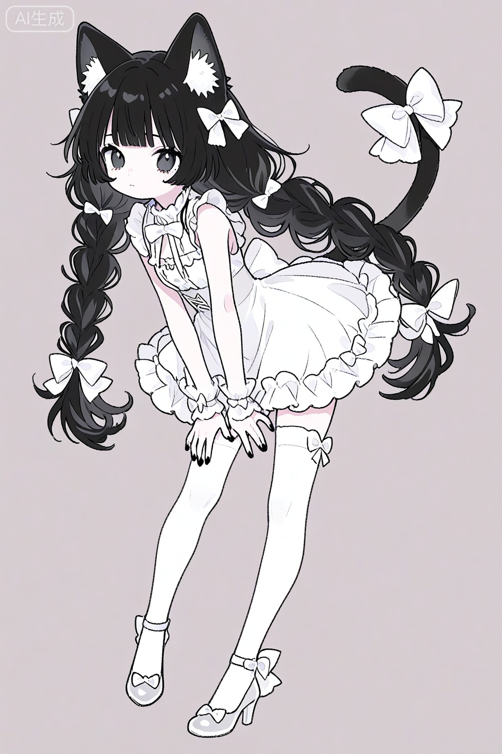 1girl, animal ear fluff, animal ears, black hair, black nails, blunt bangs, bow, braid, cat ears, cat girl, cat tail, dress, frilled dress, frills, full body, hair bow, high heels, leaning forward, long hair, looking at viewer, simple background, sleeveless, sleeveless dress, solo, standing, tail bow, tail ornament, thighhighs, twin braids, white background, white bow, white dress, white thighhighs