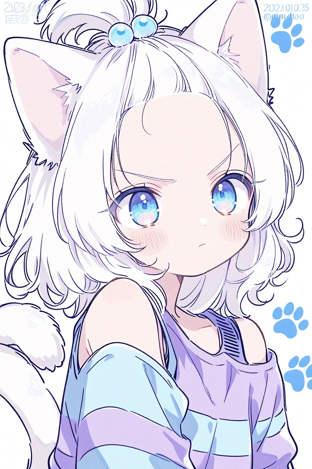 1girl, animal ears, bare shoulders, blue eyes, blue shirt, blush, cat ears, cat girl, cat tail, closed mouth, dated,, hair bobbles, hair ornament, paw print, purple shirt, shirt, simple background, solo, striped clothes, striped shirt, tail, topknot, twitter username, two-tone shirt, upper body, v-shaped eyebrows, white background, white hair,forehead
