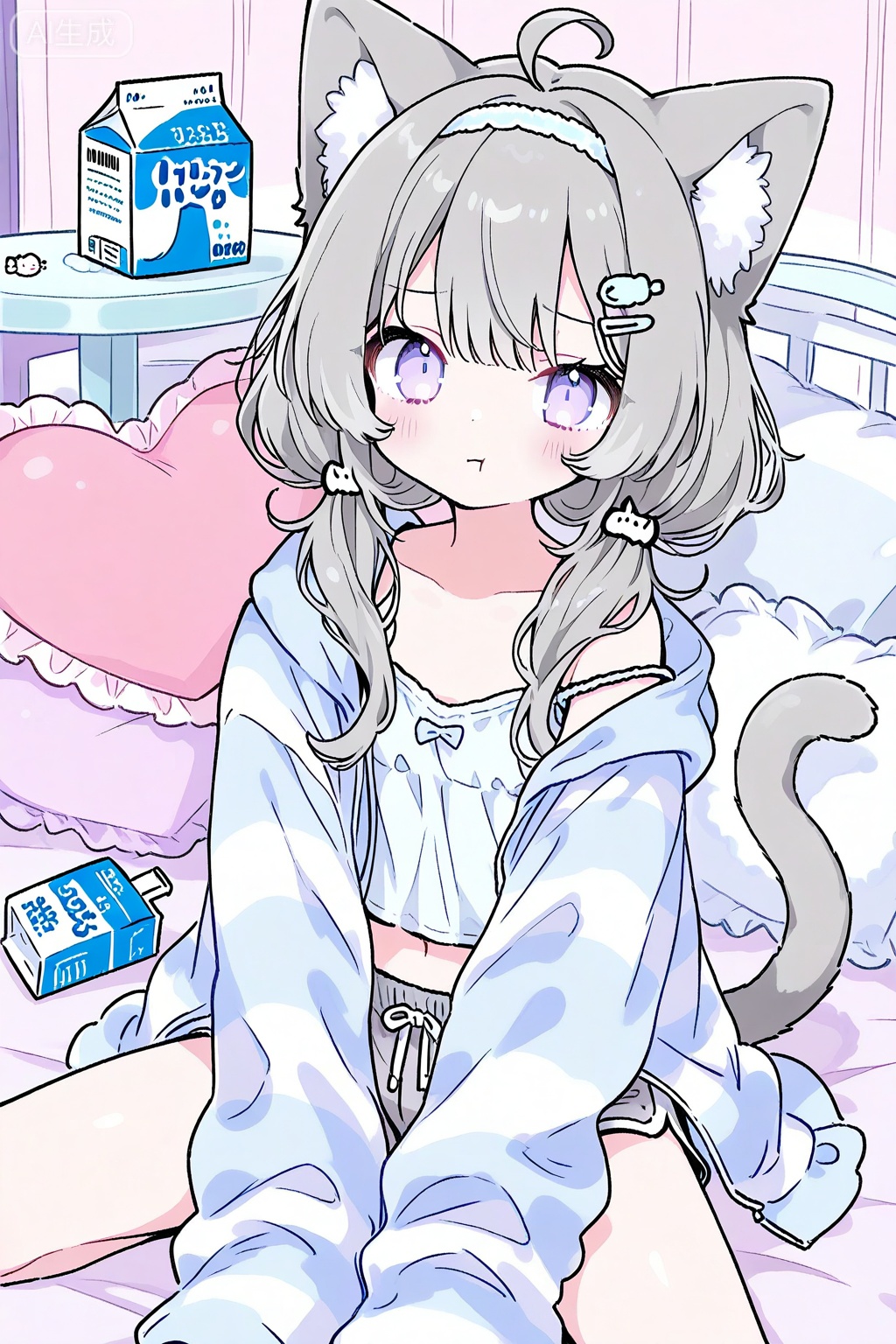 1girl, :t, ahoge, animal ears, blush, camisole, cat ears, cat girl, cat tail, closed mouth, dolphin shorts, food, frilled pillow, frills, grey hair, grey shorts, hair ornament, hairband, hairclip, heart, heart-shaped pillow, hood, hood down, hoodie, jacket, long sleeves, looking at viewer, low twintails, milk carton, navel, open clothes, open hoodie, open jacket, partially unzipped, paw hair ornament, pillow, purple eyes, ribbon, short shorts, shorts, sitting, sleeves past fingers, sleeves past wrists, spaghetti strap, strap slip, striped clothes, striped jacket, tail, twintails, white camisole